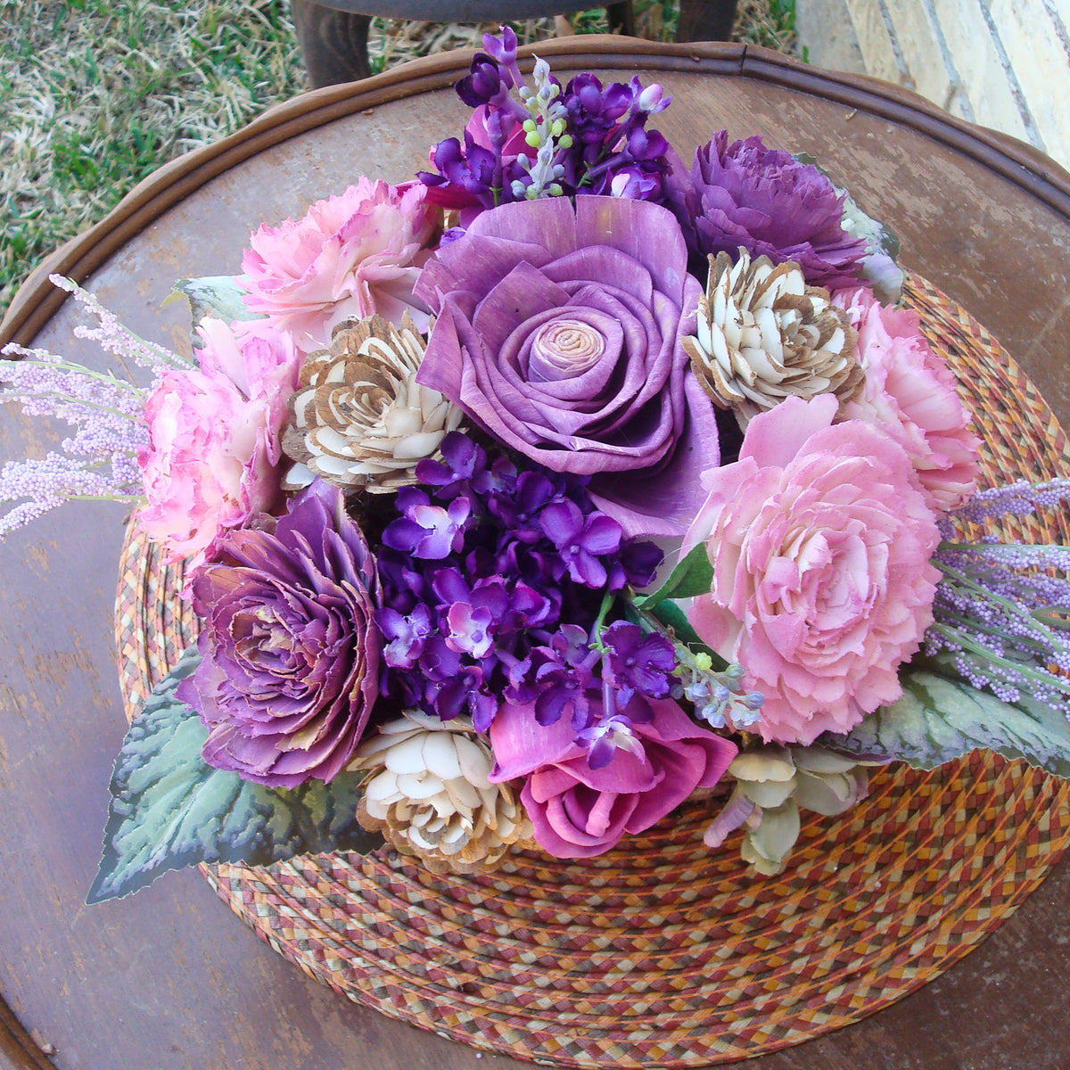 Pink & Purple Sola Wood Flower Arrangement in Rustic Wicker Basket