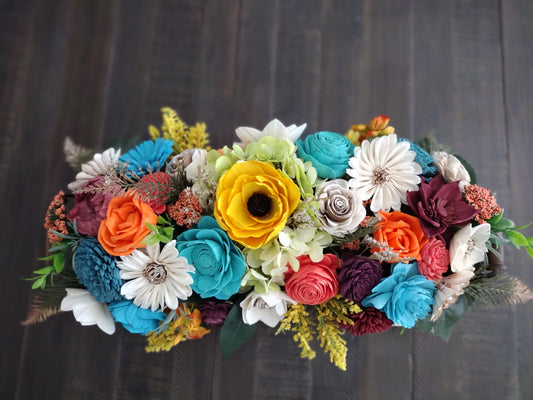 Colorful Sola Wood Flower Centerpiece in Rustic Tray