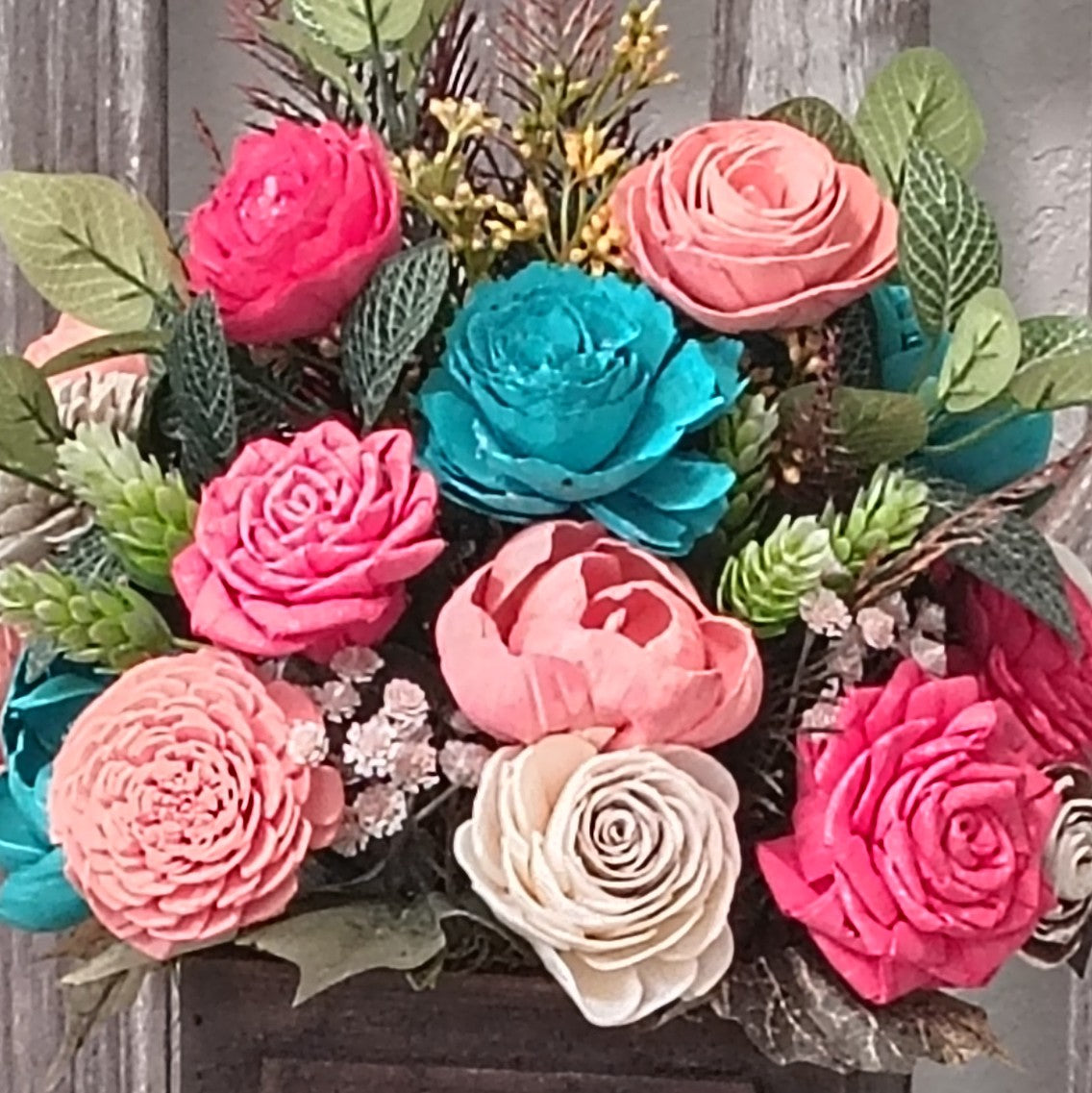 Colorful Sola Wood Flower Arrangement | Rustic Farmhouse Drawer Centerpiece