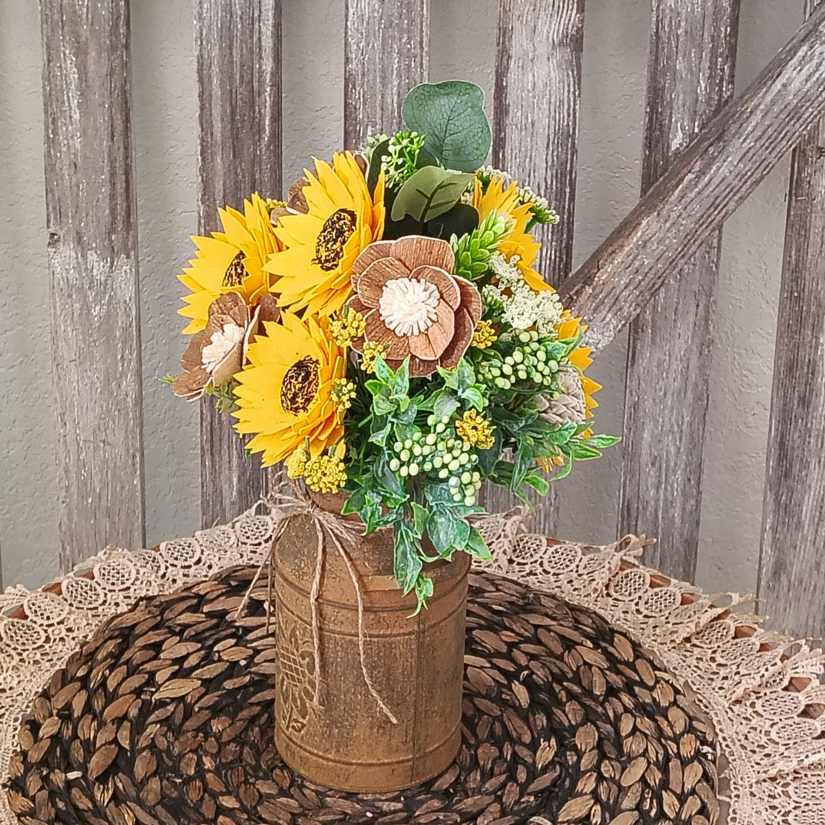 Sunflower Sola Wood Flower Arrangement in Rustic Milk Can