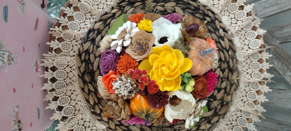 Fall Sola Wood Flower Arrangement with Pumpkin, Rustic Autumn Centerpiece