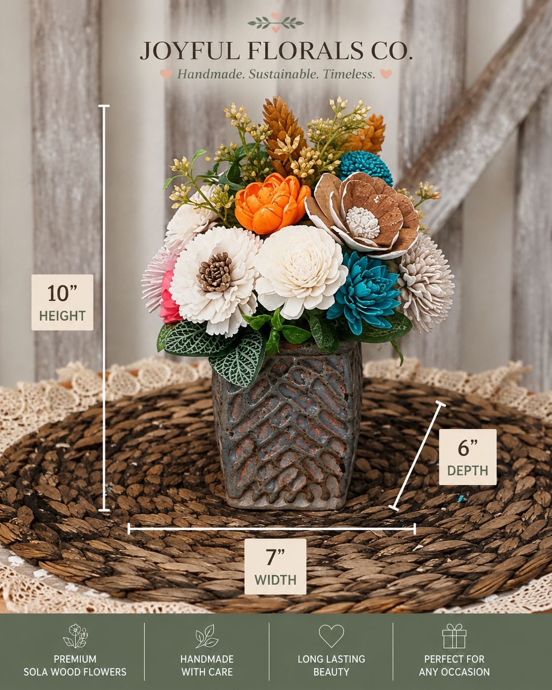 Teal and Orange Sola Wood Flower Arrangement in Textured Vase