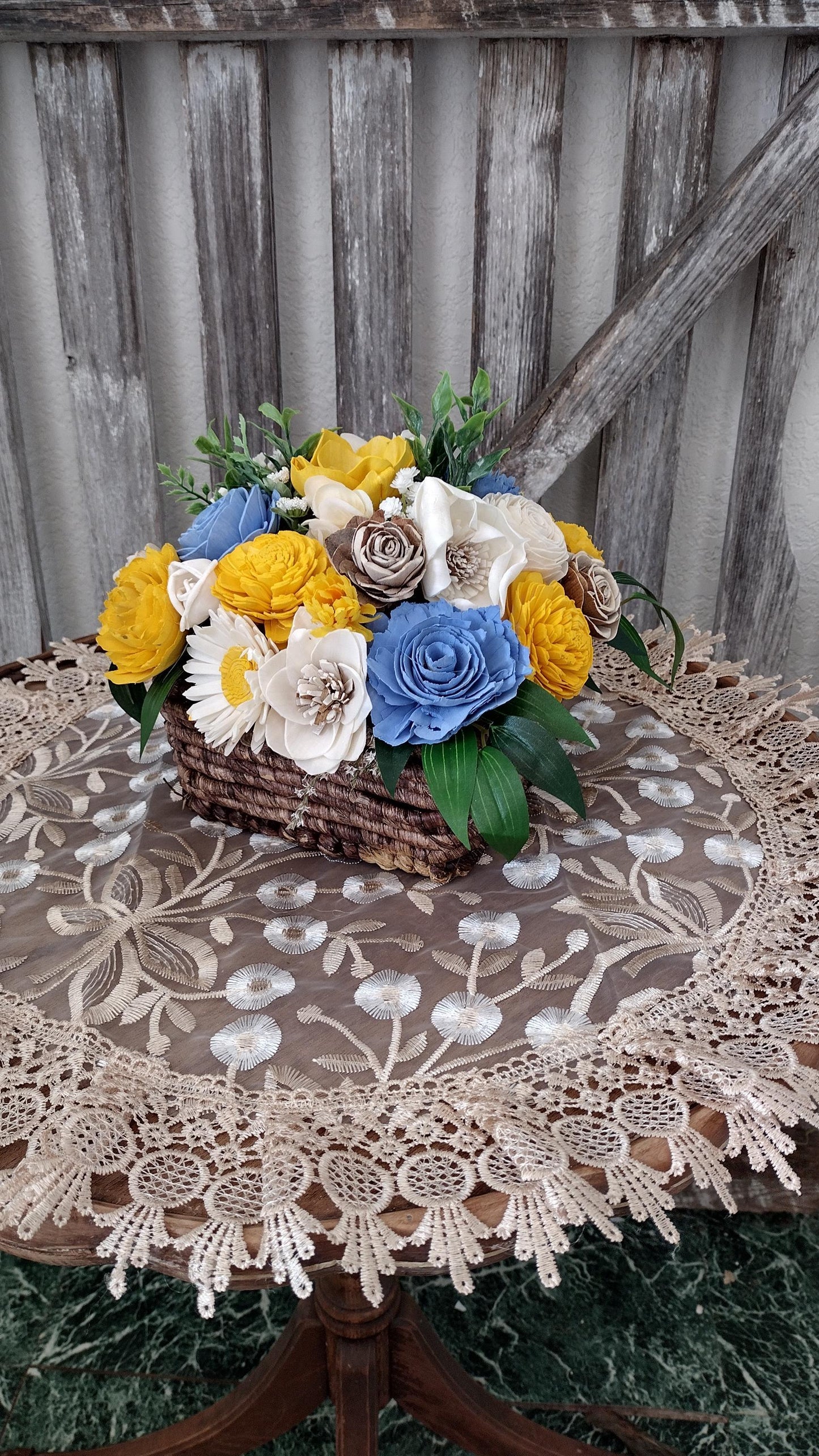 Beautiful Sola Wood flower arrangement in Yellow and Blue