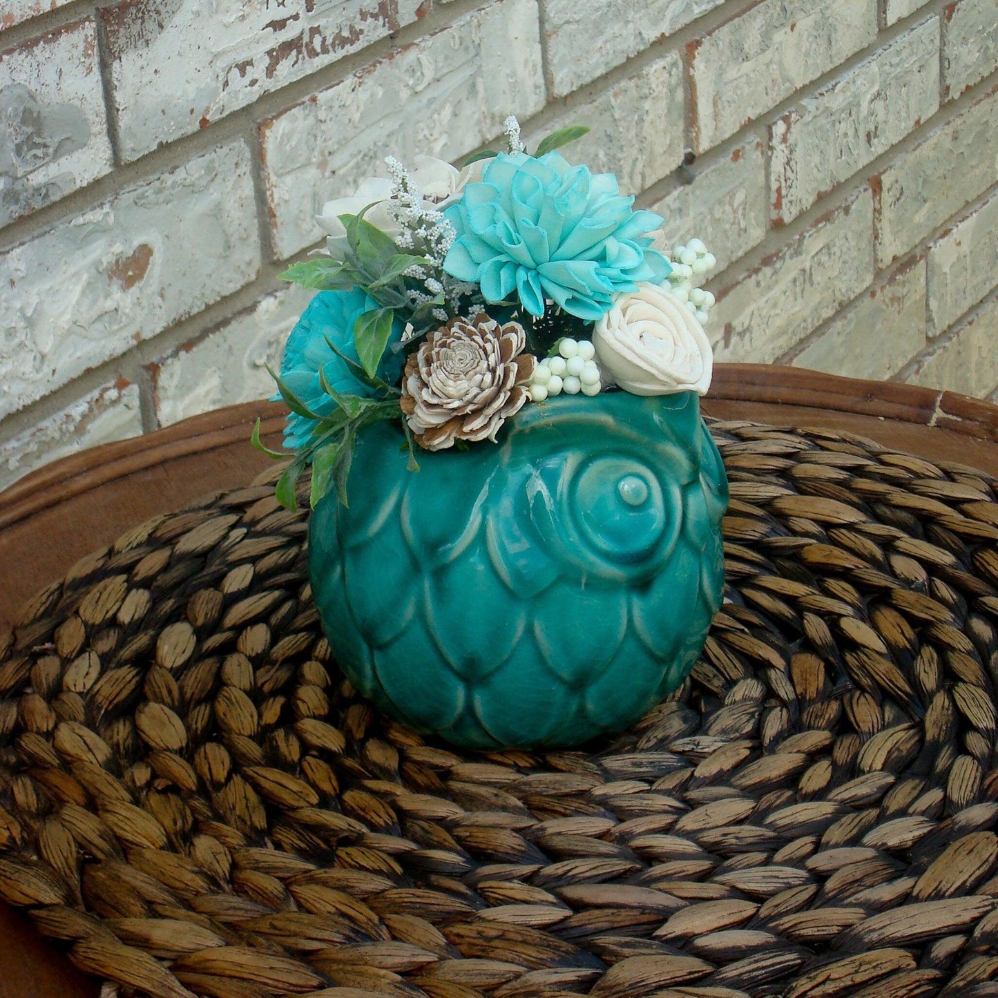 Adorable Teal and White Centerpiece in Teal Ceramic owl