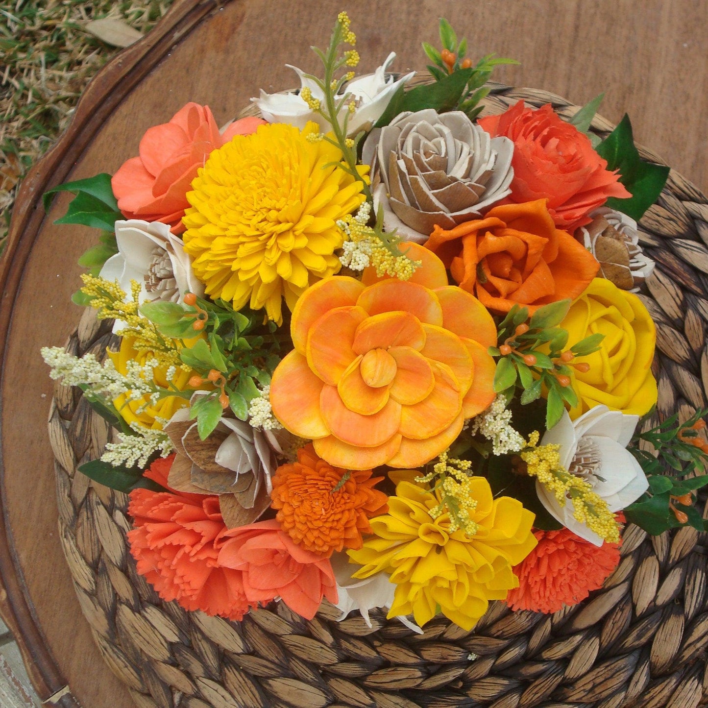 Orange and Yellow Sola Flowers, Wood Flower Arrangement