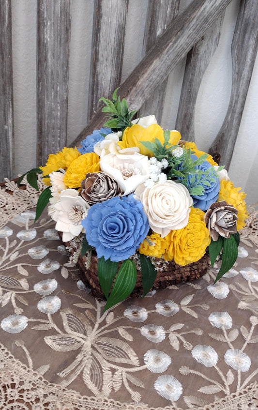 Beautiful Sola Wood flower arrangement in Yellow and Blue