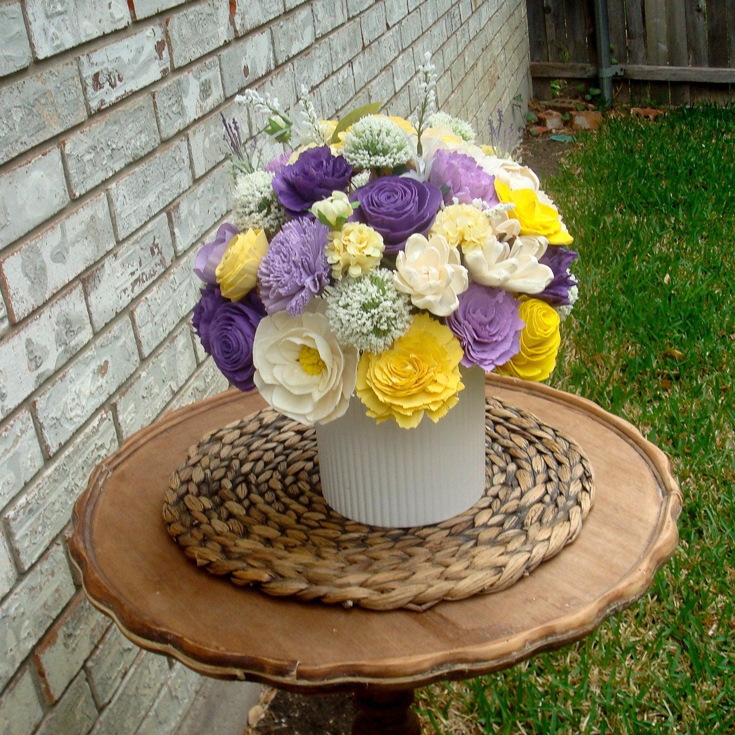 Large purple and yellow centerpiece, Gift for her, Sola Wood Flowers