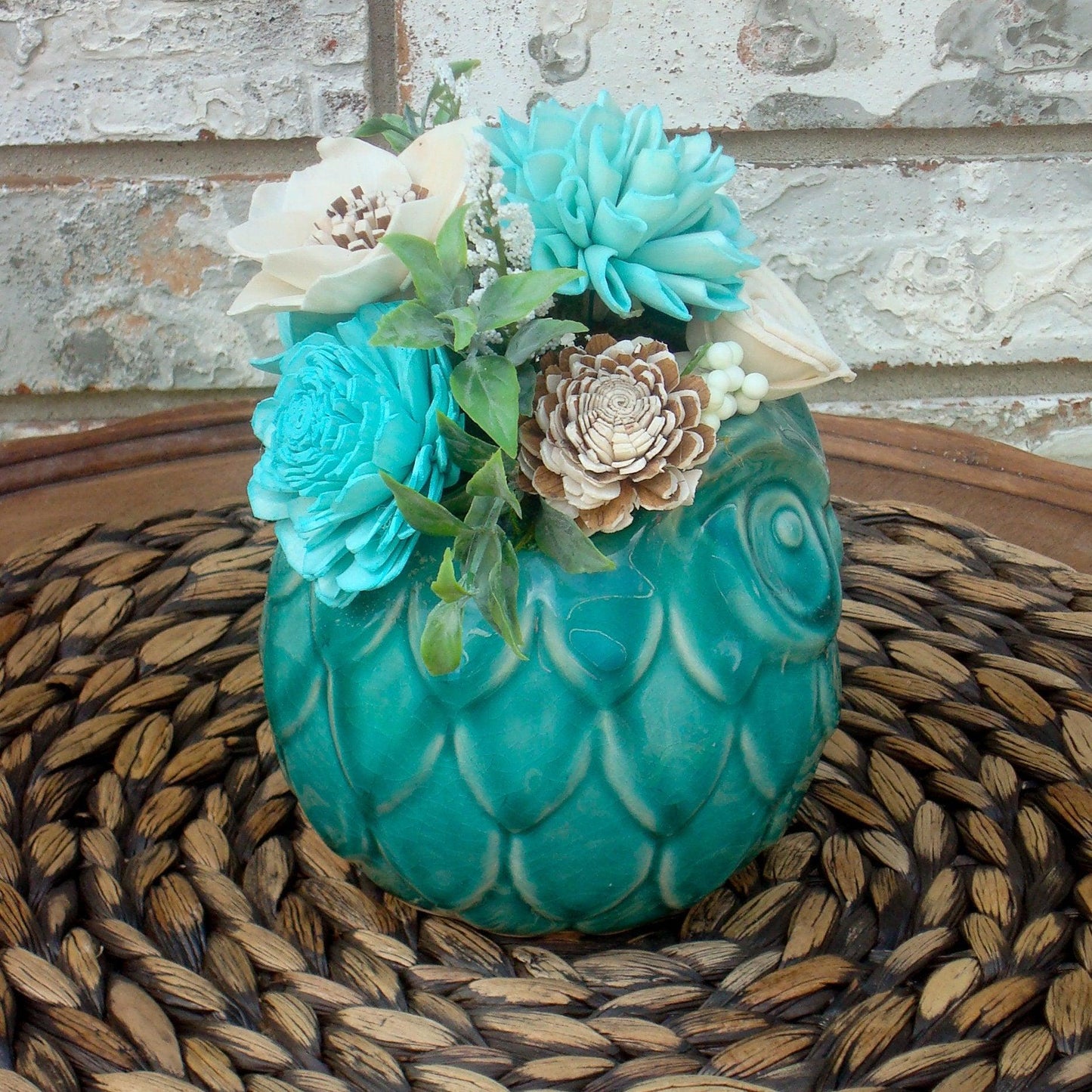 Adorable Teal and White Centerpiece in Teal Ceramic owl