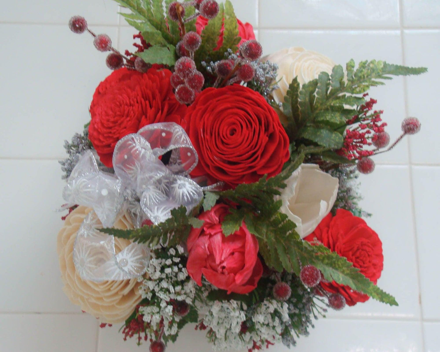 Holiday decoration,  Christmas Centerpiece with berries and sola wood flowers in a wood box, gift