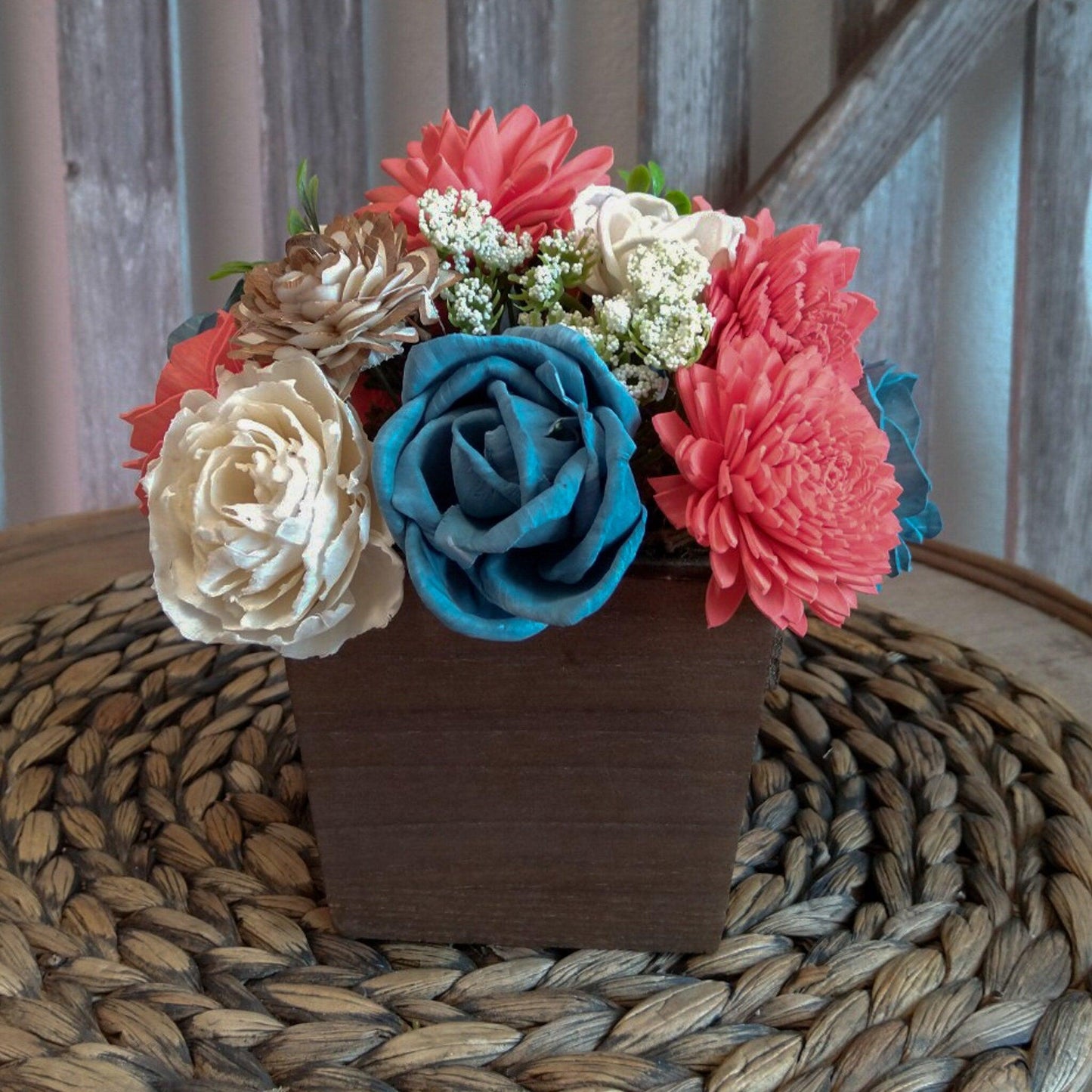 Blue and Coral Sola Wood Flower Arrangement