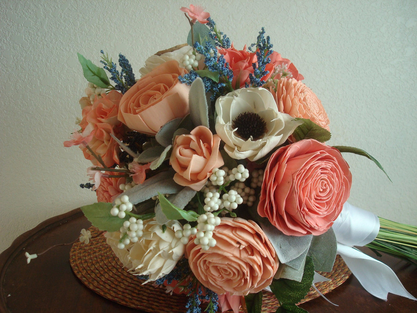 Wooden Flower Bouquet, Blue and Peach, Boho Wedding, Keepsake Bridal Bouquet