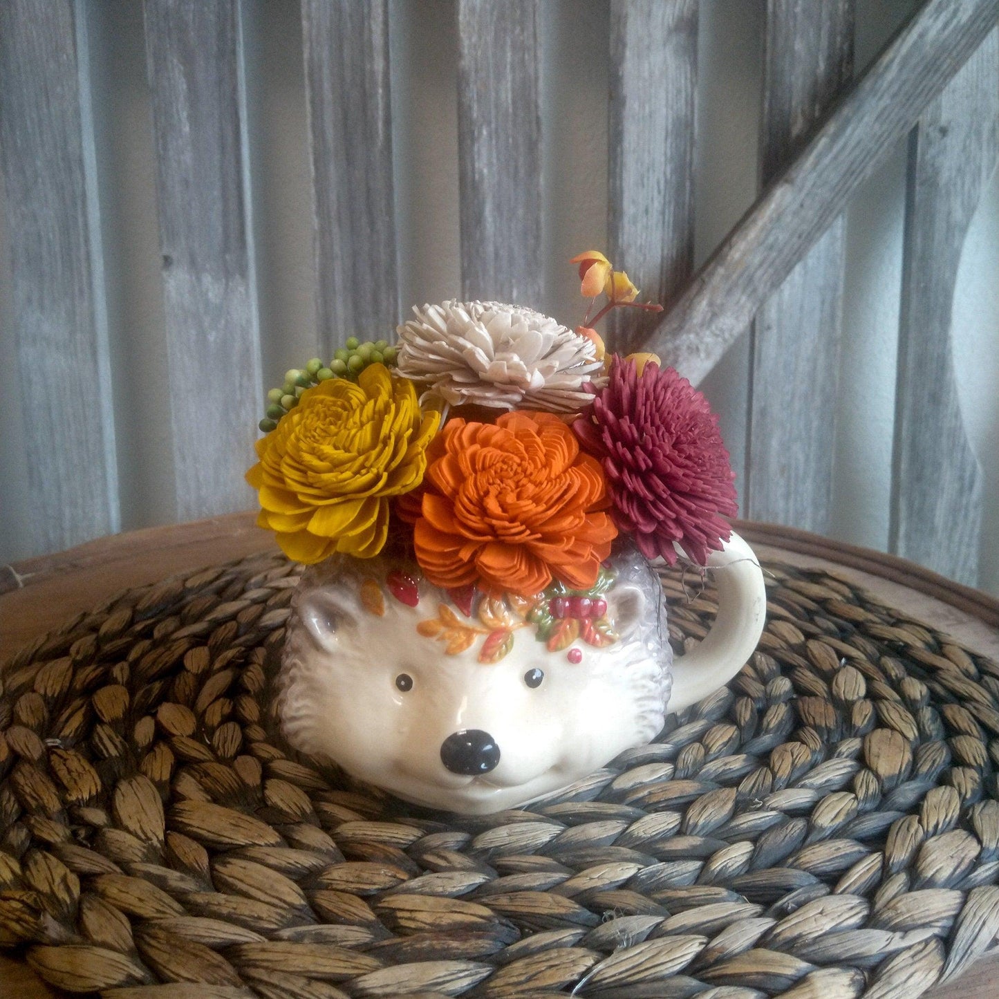 Fall Floral, Hedgehog Mug filled with Sola Wood Flowers, Gift for Friend, Small Centerpiece