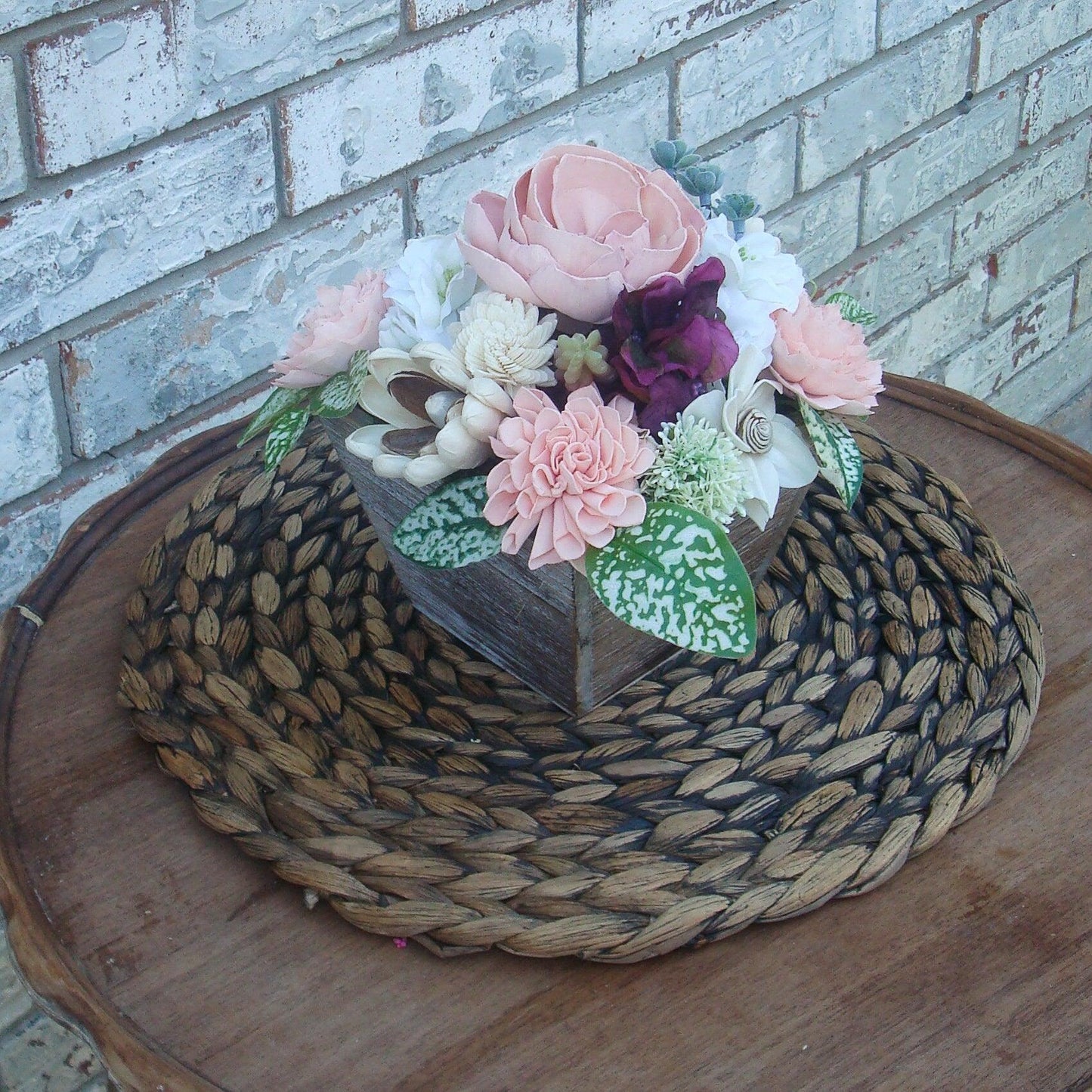 Pinks, white and burgandy florals in a wood box. Perfect for Mother's Day