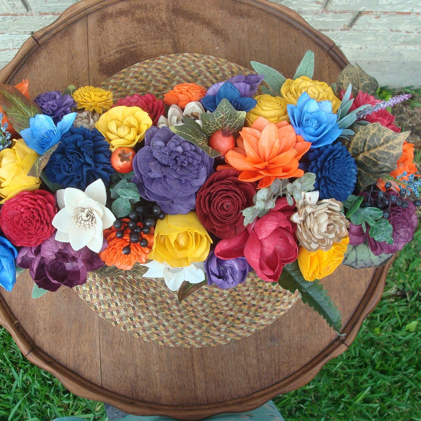 Bright Floral Fall Centerpiece, Oblong Arrangement with hand dyed wood sola flowers