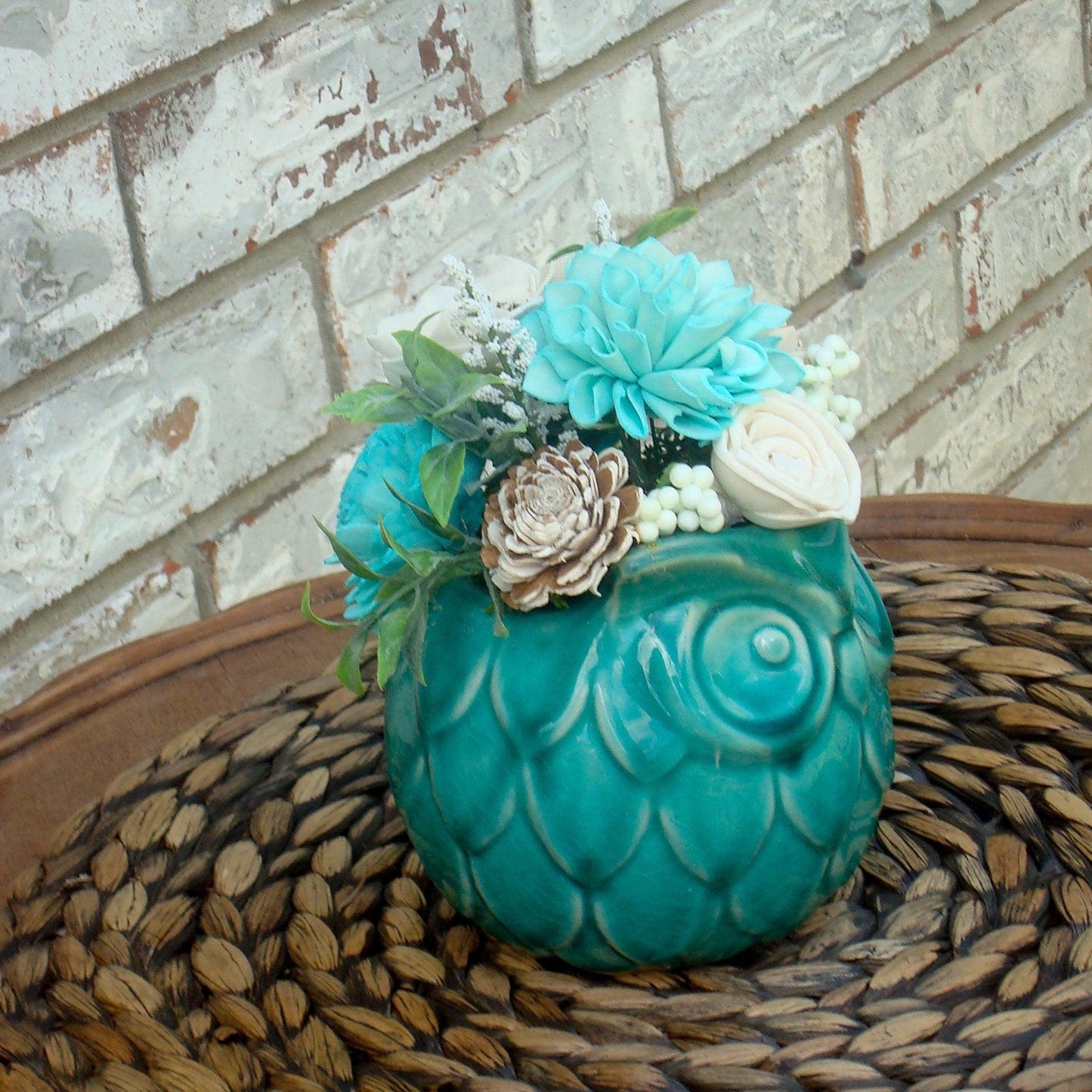 Adorable Teal and White Centerpiece in Teal Ceramic owl