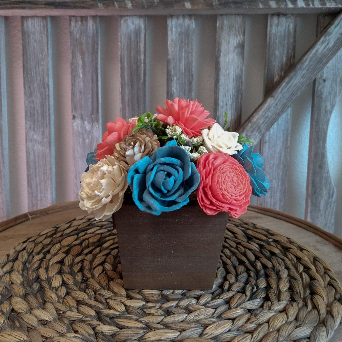 Blue and Coral Sola Wood Flower Arrangement