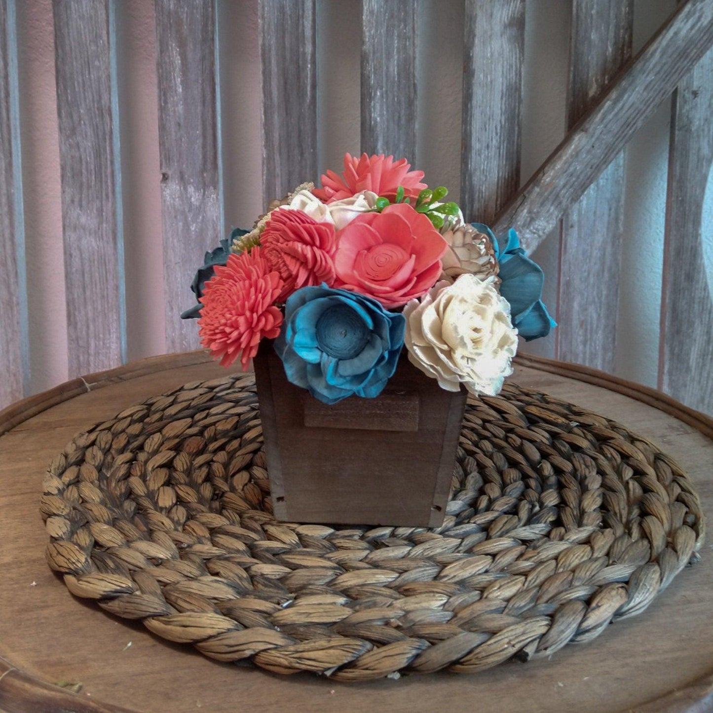 Blue and Coral Sola Wood Flower Arrangement