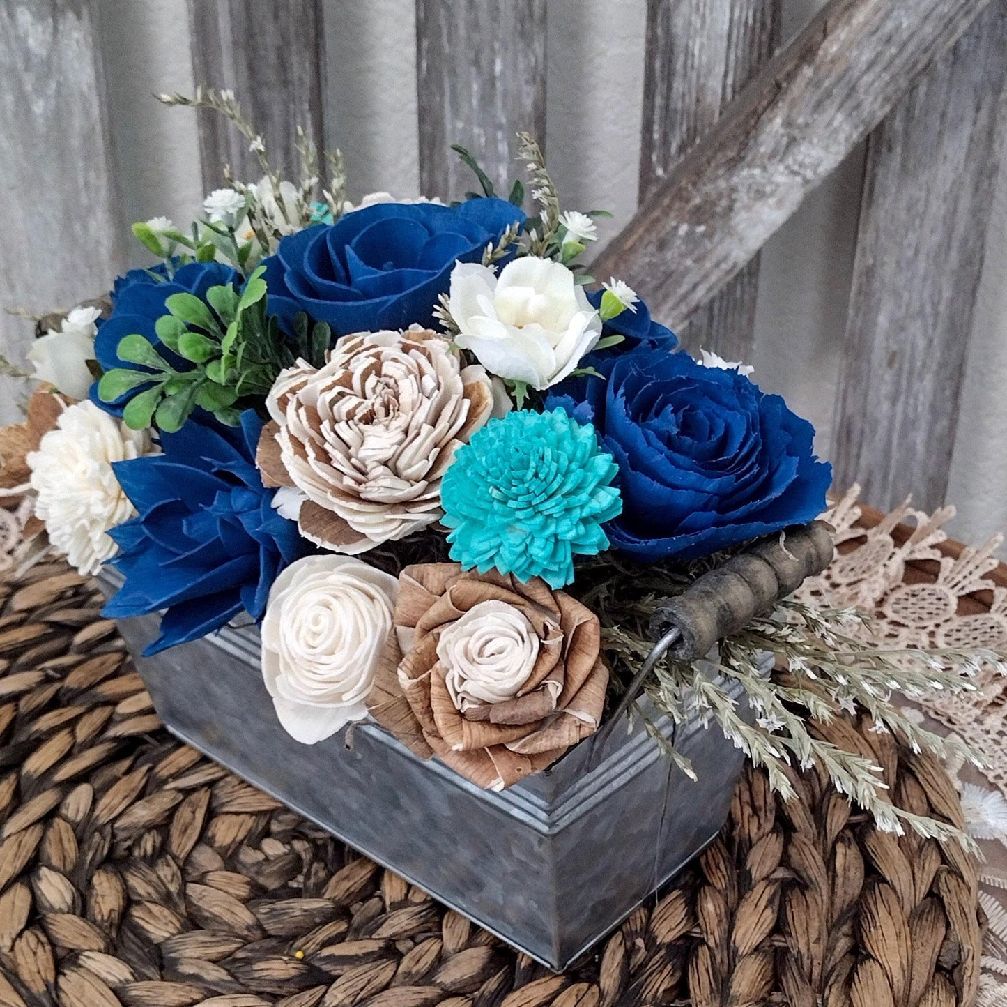 Navy teal and natural sola wood flower centerpiece, gift for her