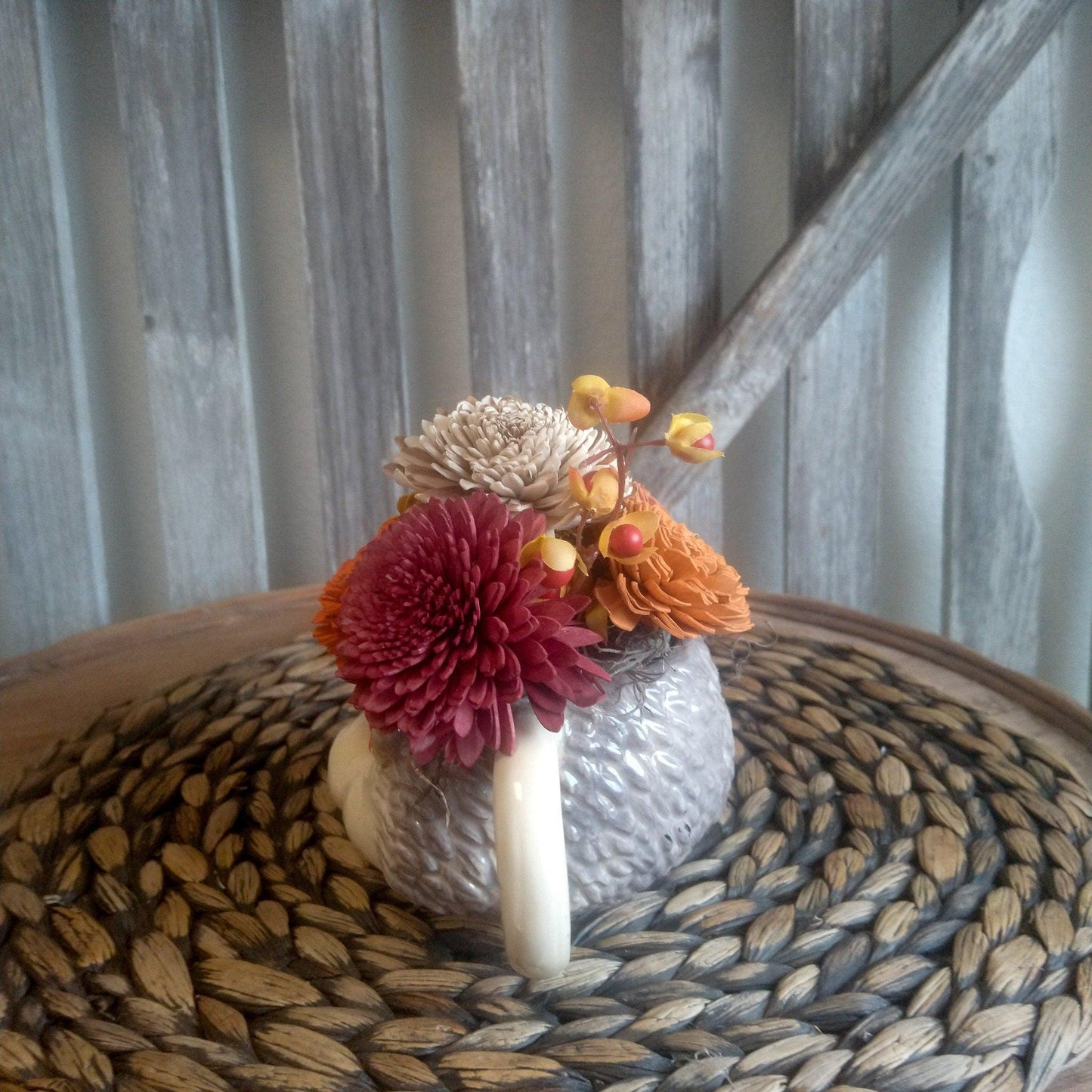 Fall Floral, Hedgehog Mug filled with Sola Wood Flowers, Gift for Friend, Small Centerpiece