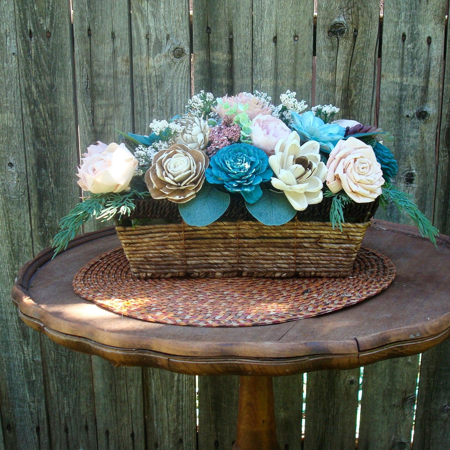 Beautiful Teal and Cream Sola Wood Flower Centerpiece