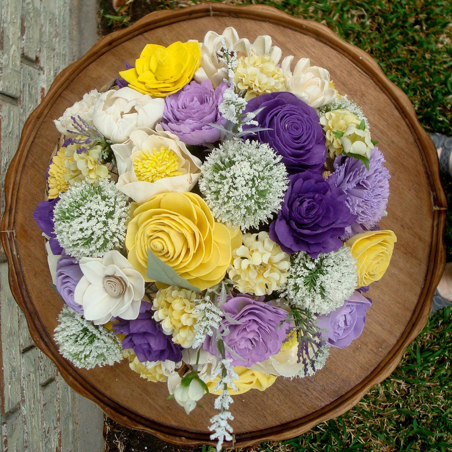 Large purple and yellow centerpiece, Gift for her, Sola Wood Flowers