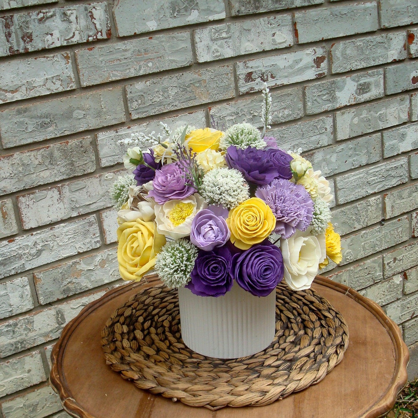 Large purple and yellow centerpiece, Gift for her, Sola Wood Flowers