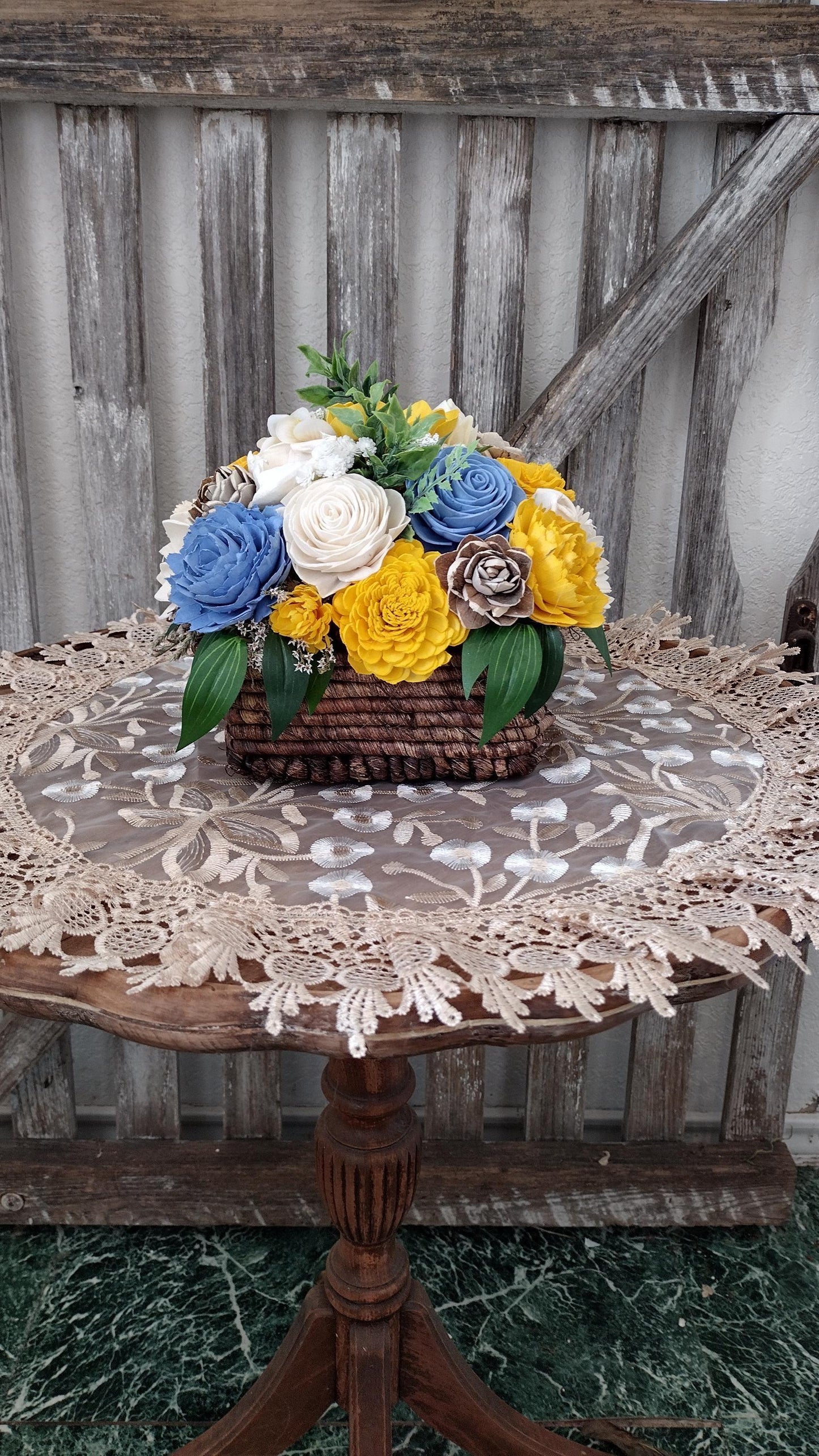 Beautiful Sola Wood flower arrangement in Yellow and Blue