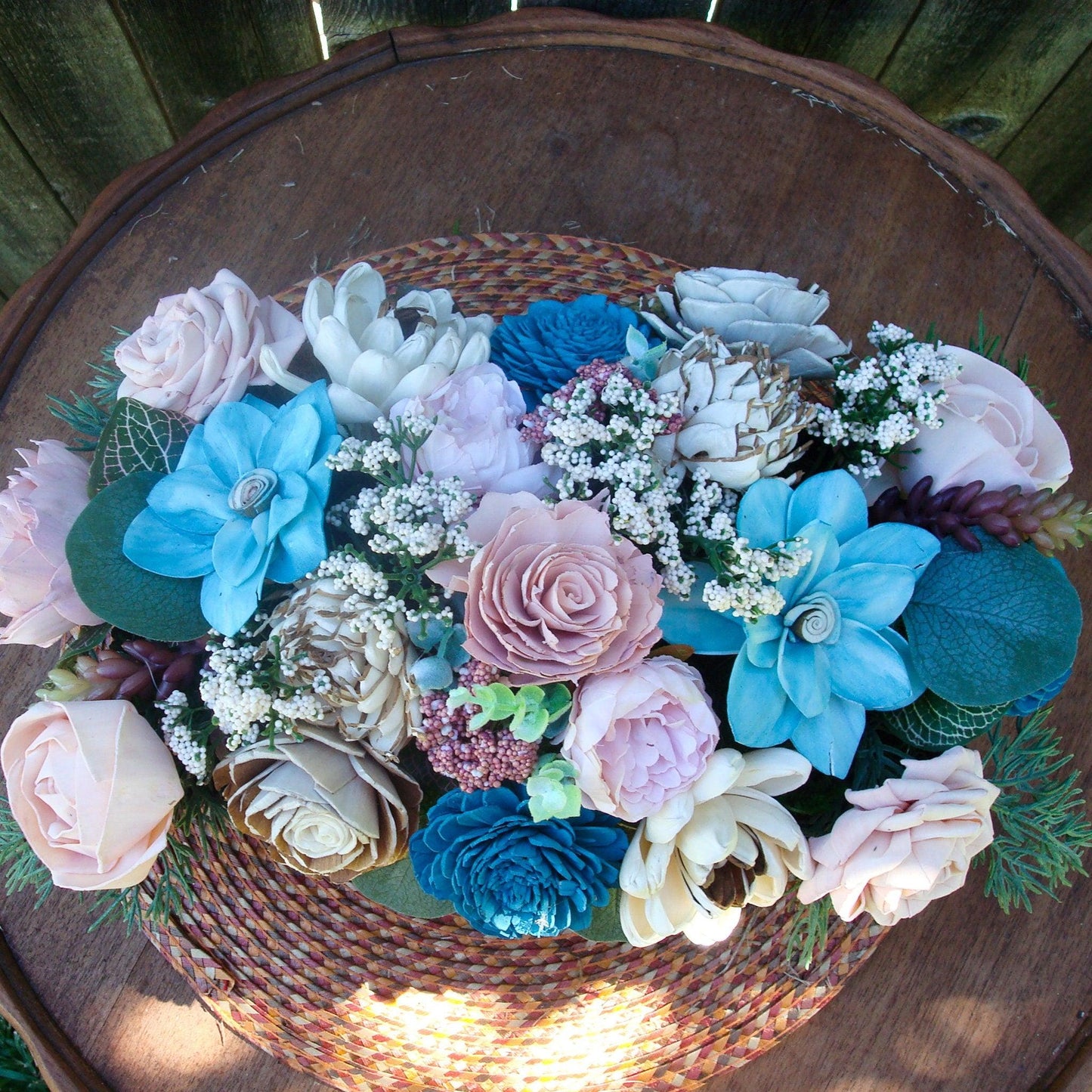 Beautiful Teal and Cream Sola Wood Flower Centerpiece