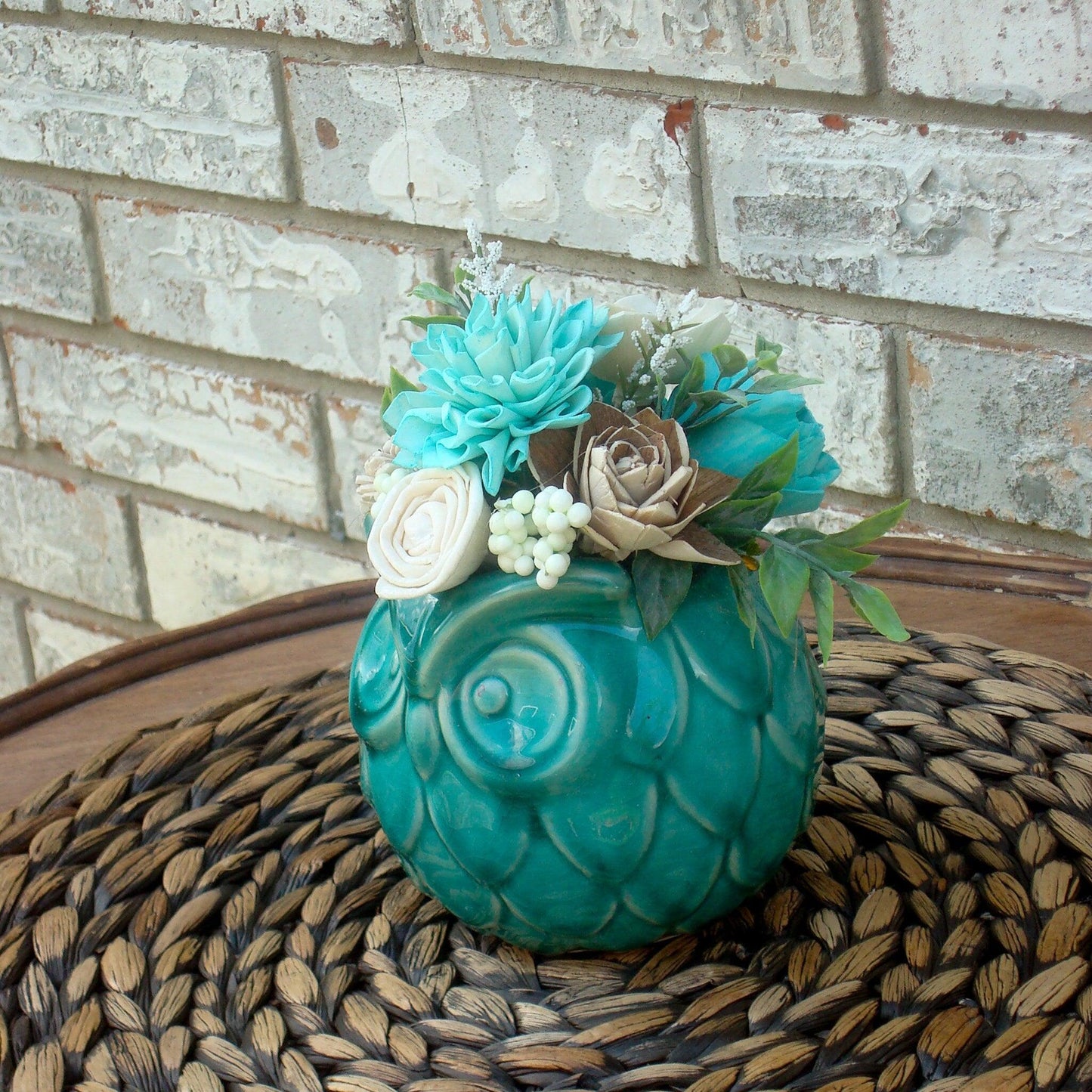 Adorable Teal and White Centerpiece in Teal Ceramic owl