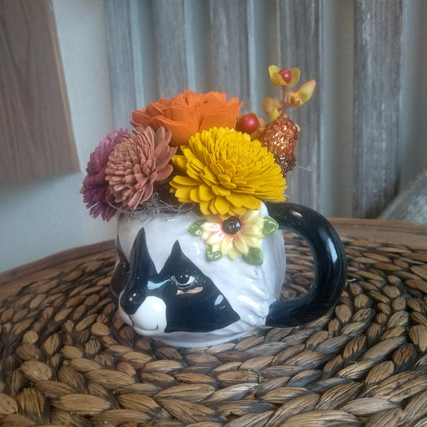 Sola Wood Flowers in a Racoon planter, Gift for her, Forest animals Decor, Approx  7X7X5