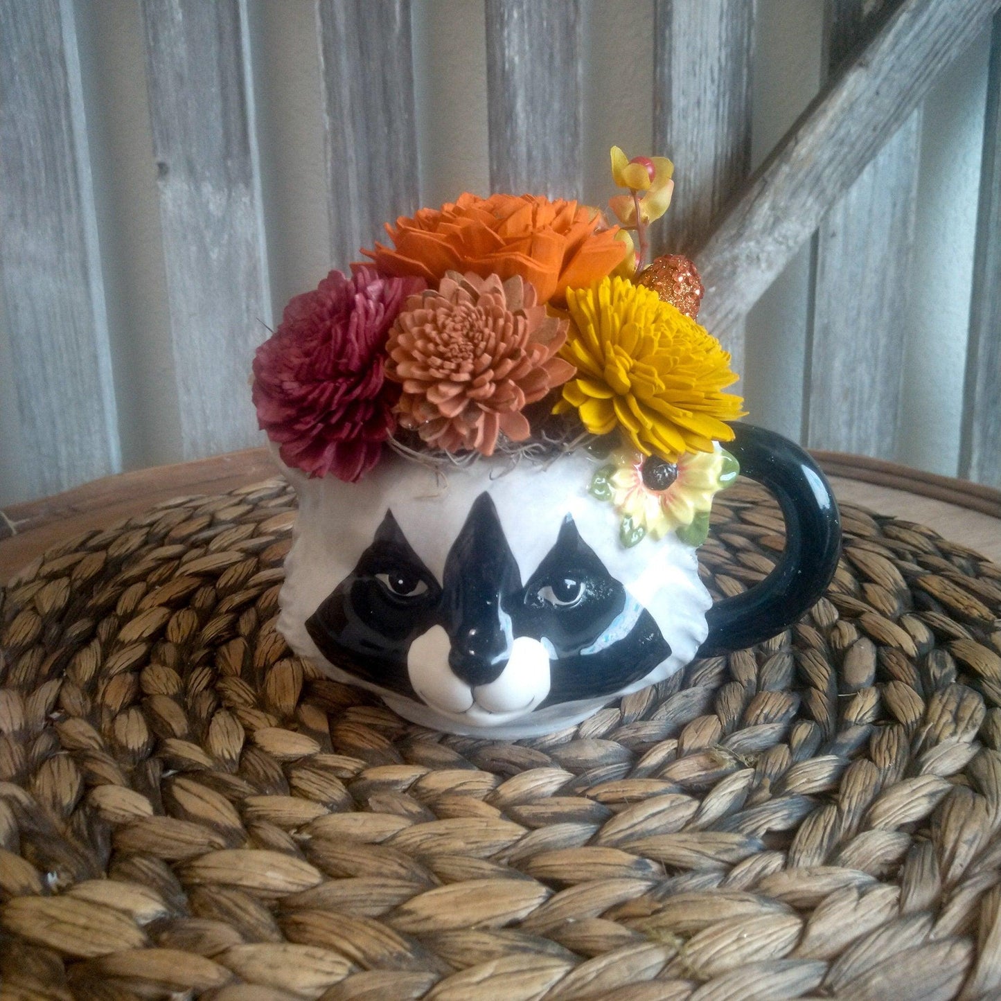 Sola Wood Flowers in a Racoon planter, Gift for her, Forest animals Decor, Approx  7X7X5