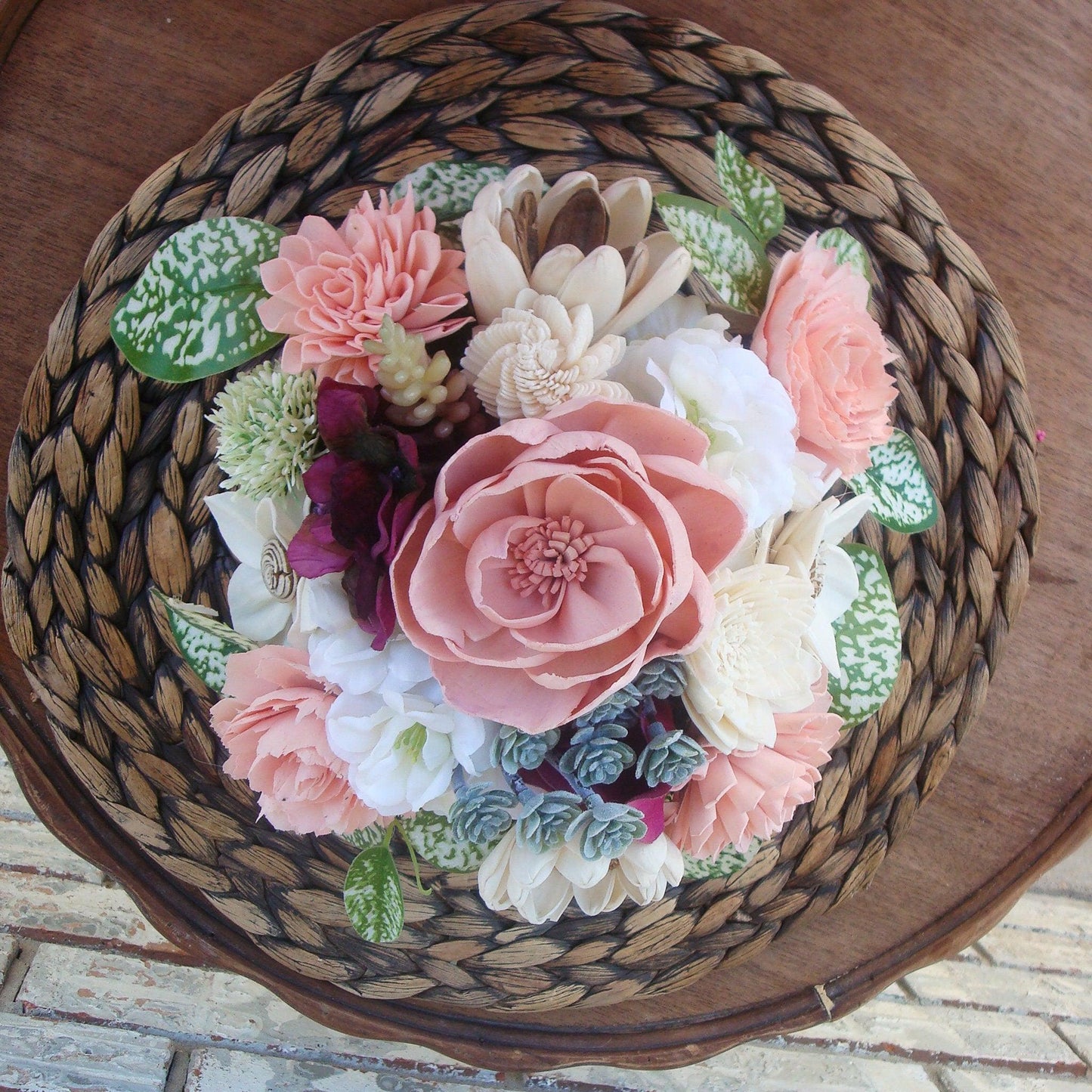 Pinks, white and burgandy florals in a wood box. Perfect for Mother's Day