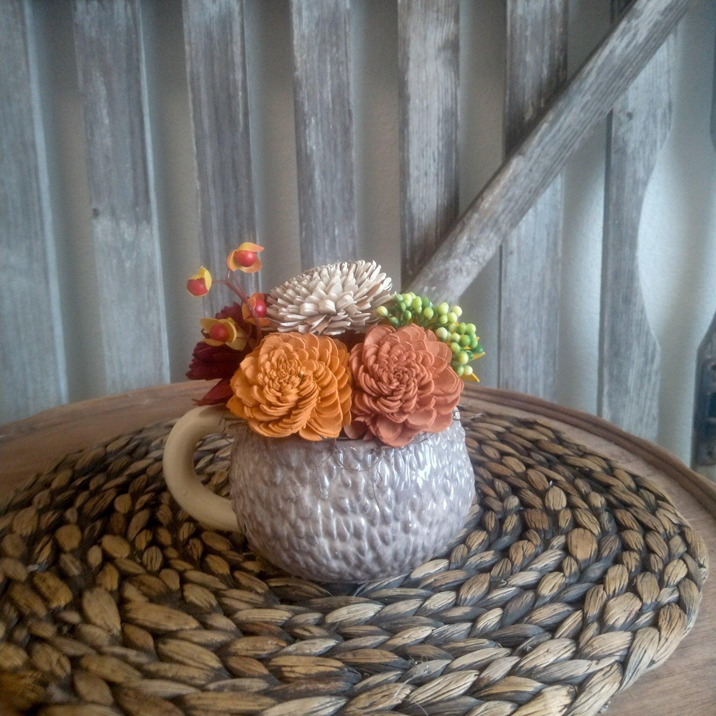 Fall Floral, Hedgehog Mug filled with Sola Wood Flowers, Gift for Friend, Small Centerpiece