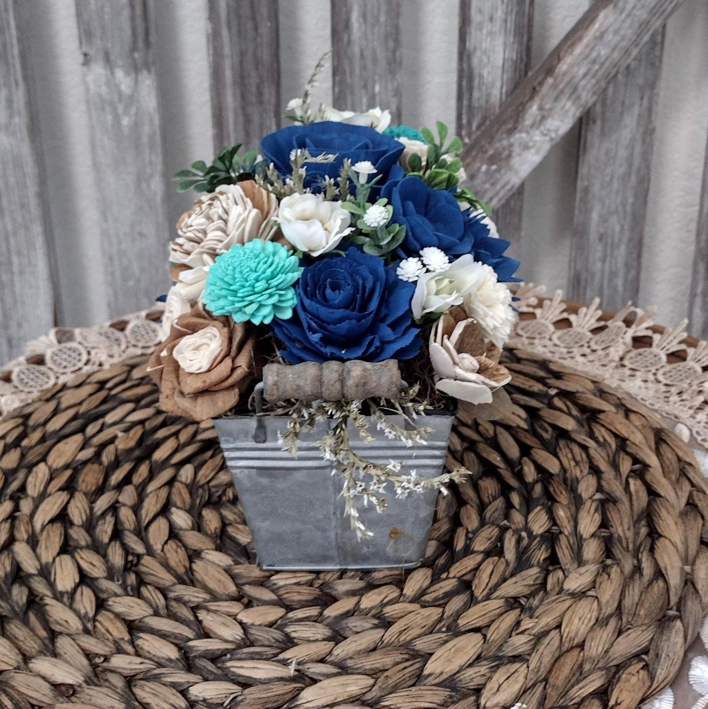 Navy teal and natural sola wood flower centerpiece, gift for her