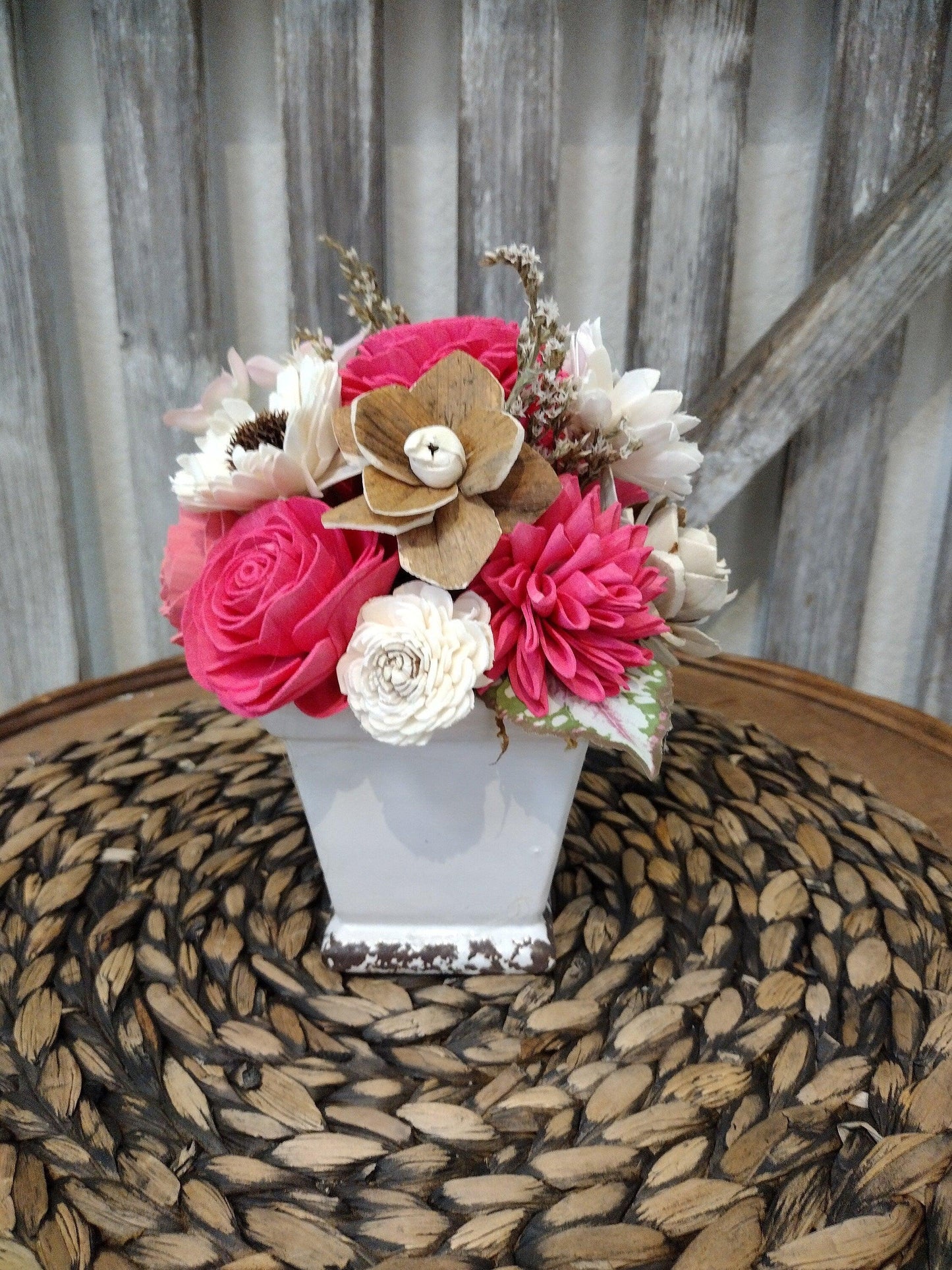 Bright  Pink and Ivory Farmhouse Centerpiece - Keepsake Sola Flower Arrangement