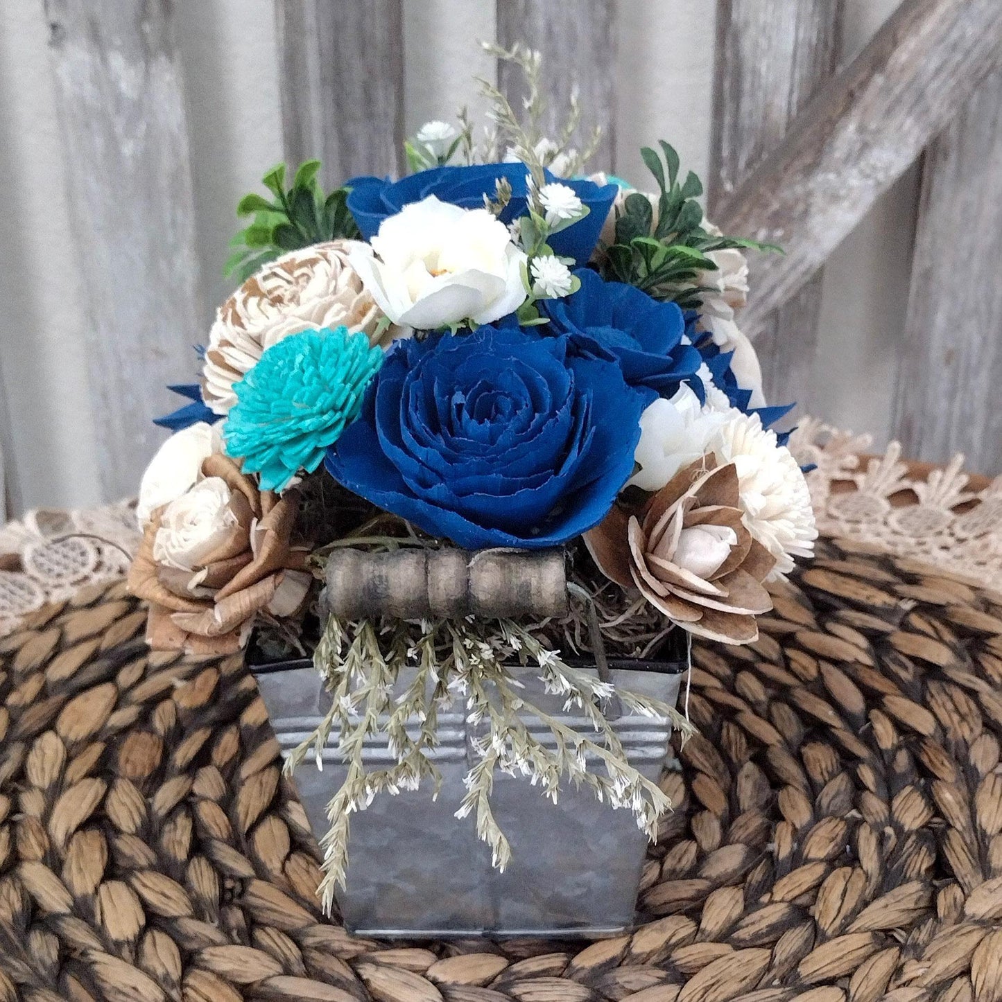 Navy teal and natural sola wood flower centerpiece, gift for her