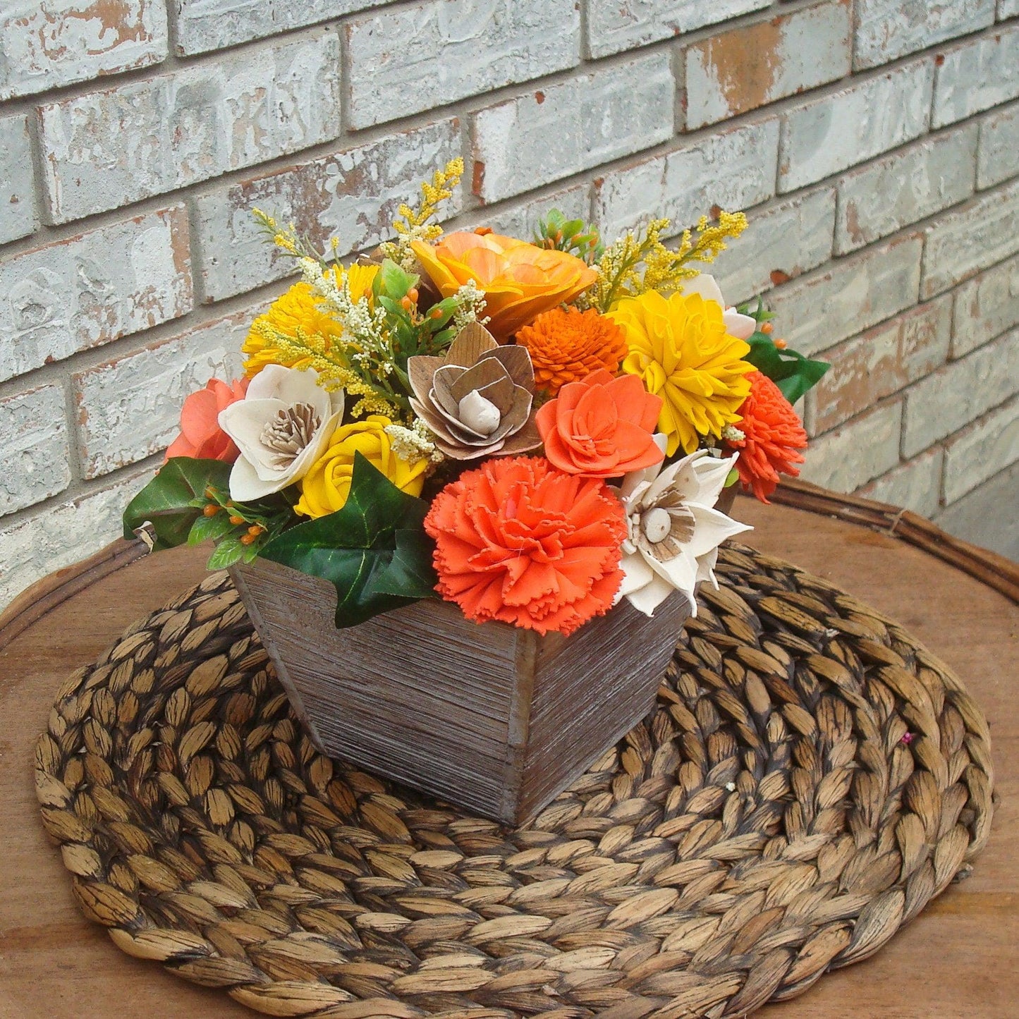 Orange and Yellow Sola Flowers, Wood Flower Arrangement