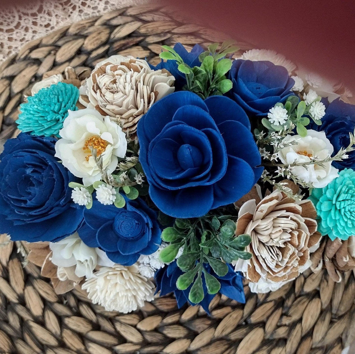 Navy teal and natural sola wood flower centerpiece, gift for her