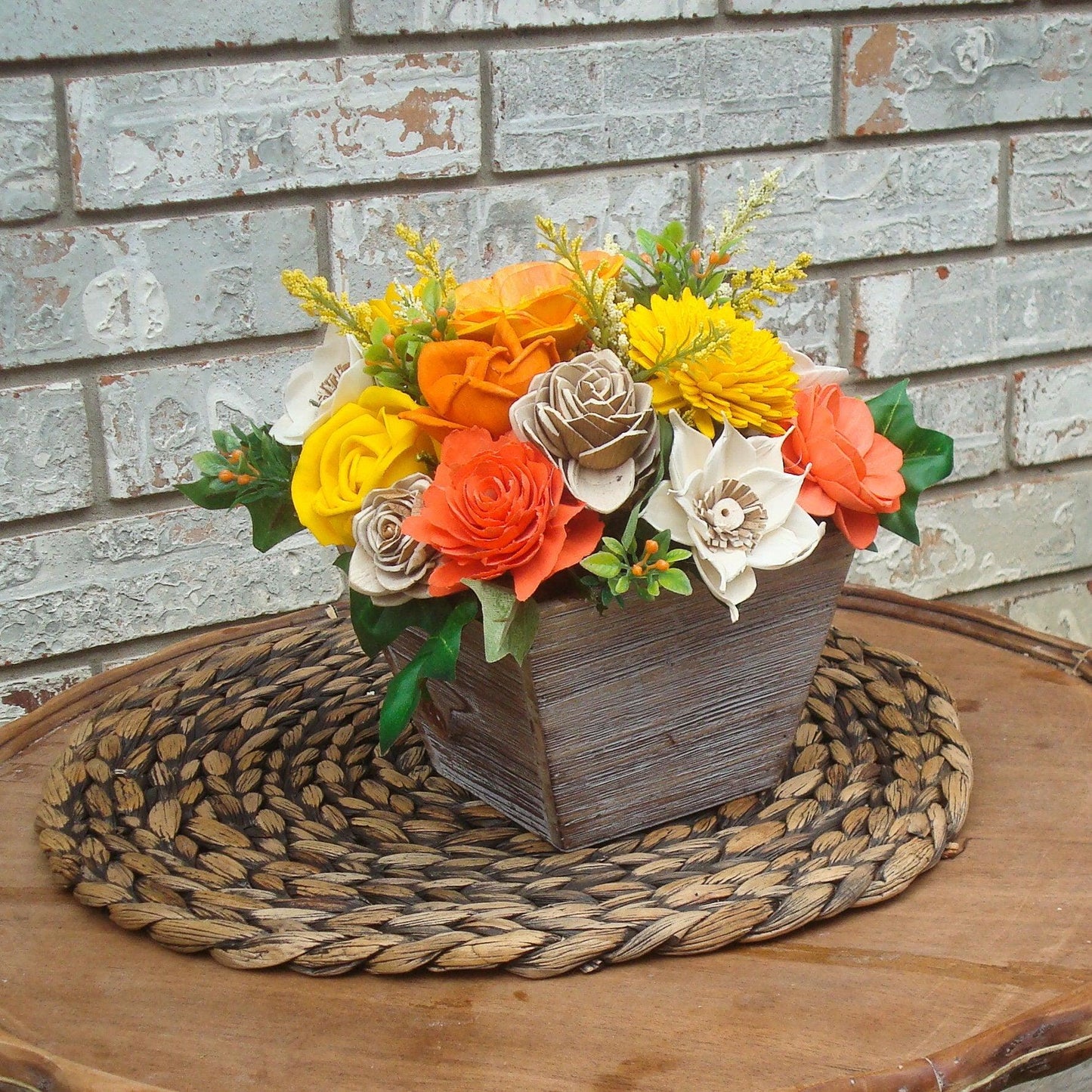 Orange and Yellow Sola Flowers, Wood Flower Arrangement