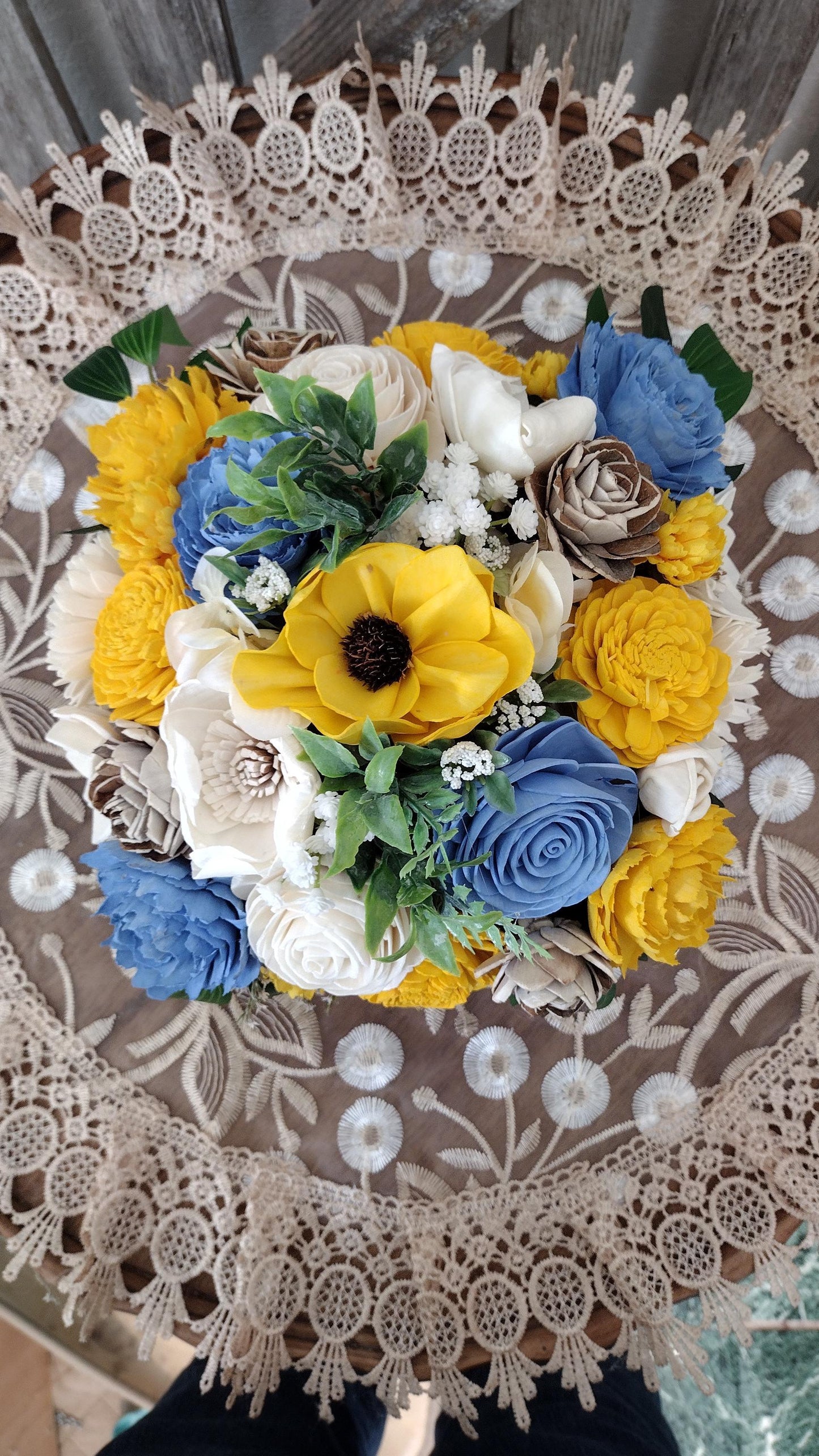 Beautiful Sola Wood flower arrangement in Yellow and Blue