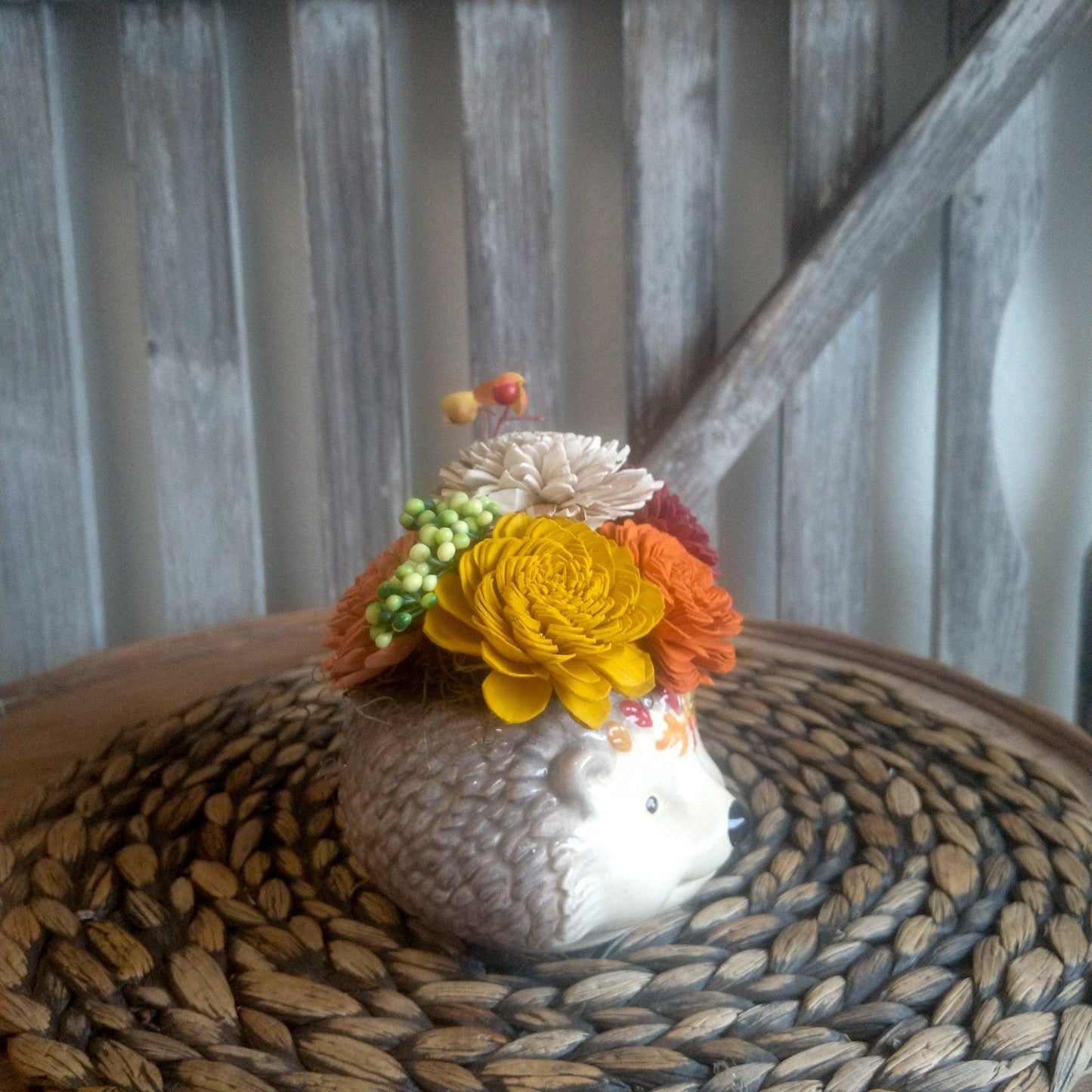 Fall Floral, Hedgehog Mug filled with Sola Wood Flowers, Gift for Friend, Small Centerpiece