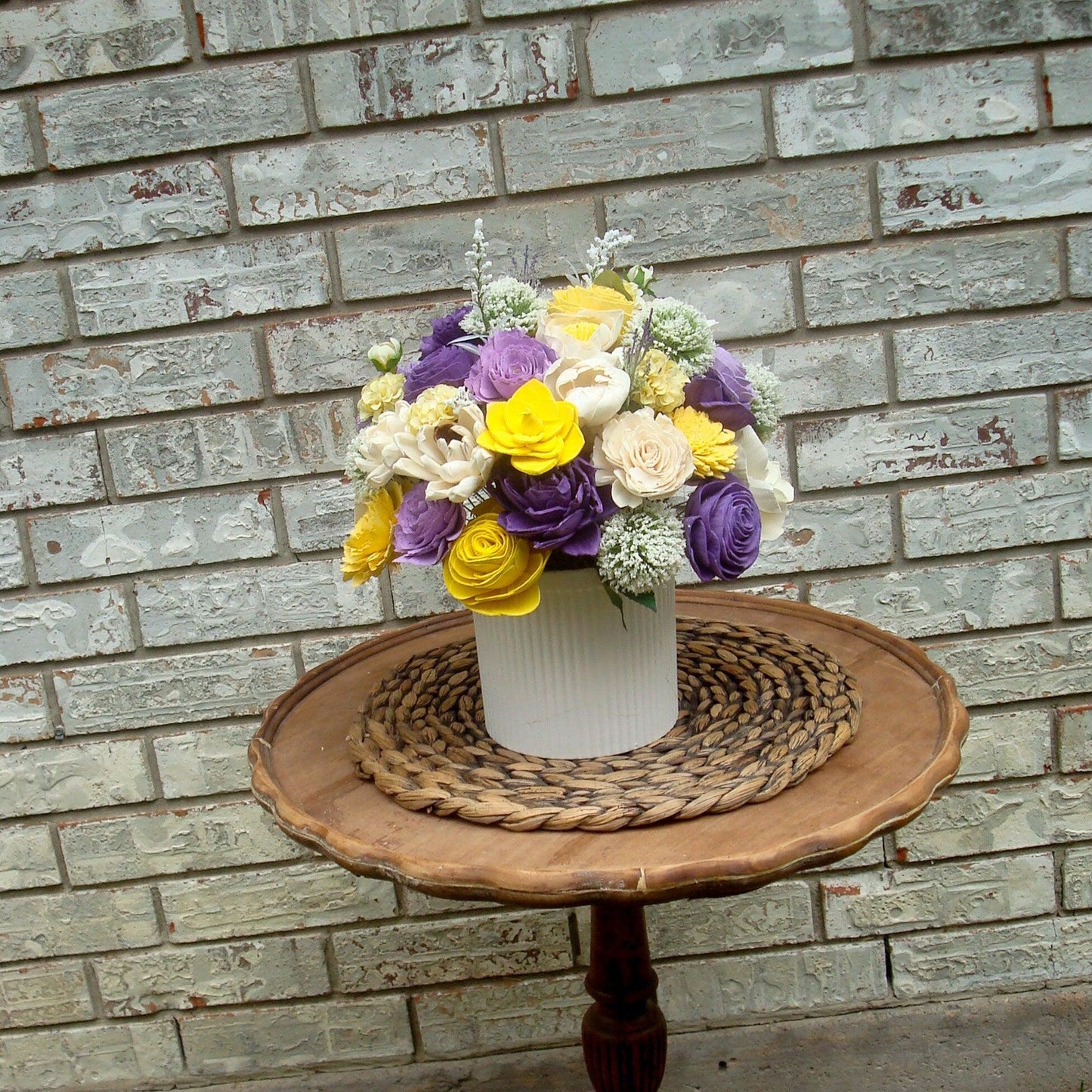 Large purple and yellow centerpiece, Gift for her, Sola Wood Flowers