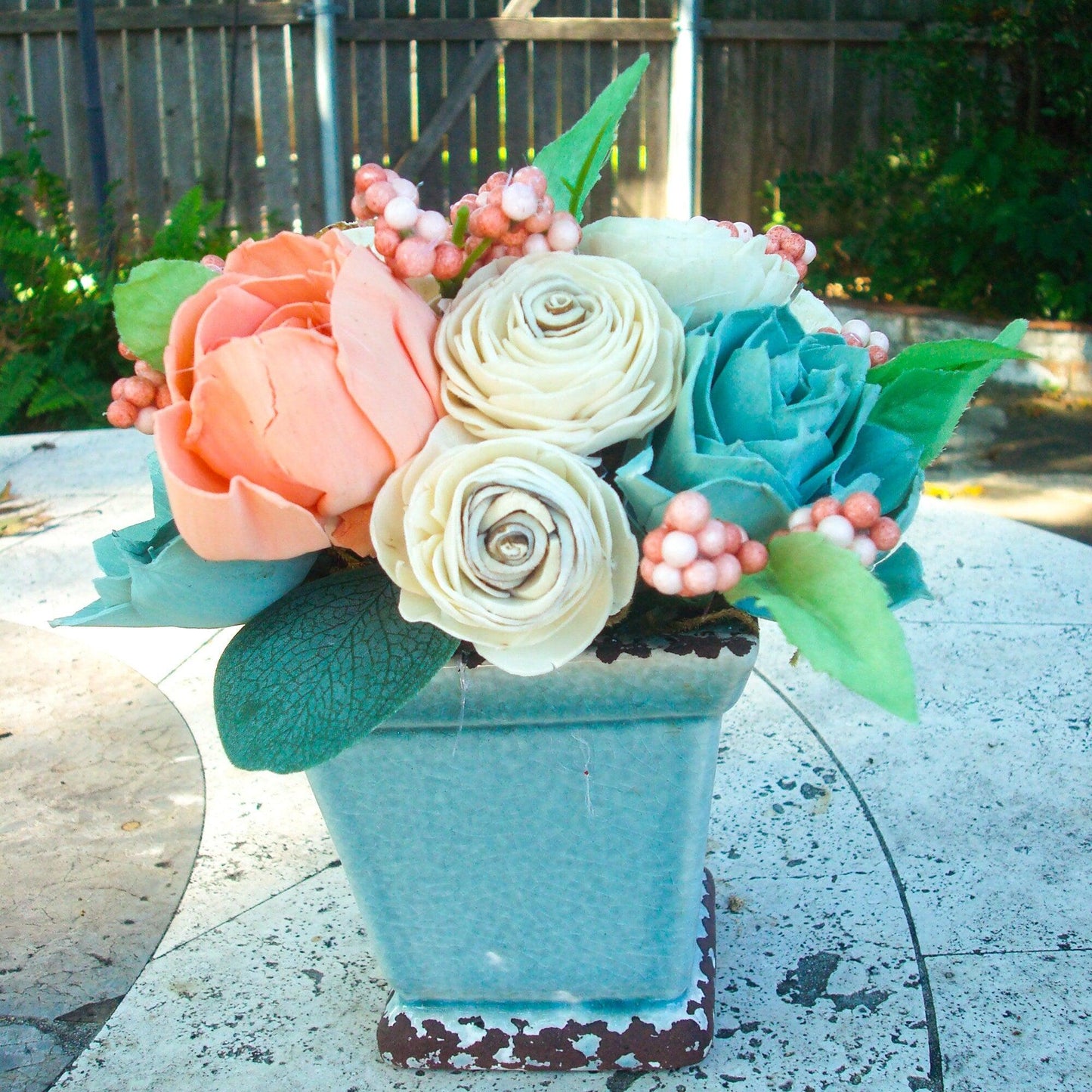 Wood Sola Flower Arrangement, Peaches/natual/ and blues in adorable ceramic vase. Get Well Flowers, Shower Centerpiece, Wedding Centerpiece