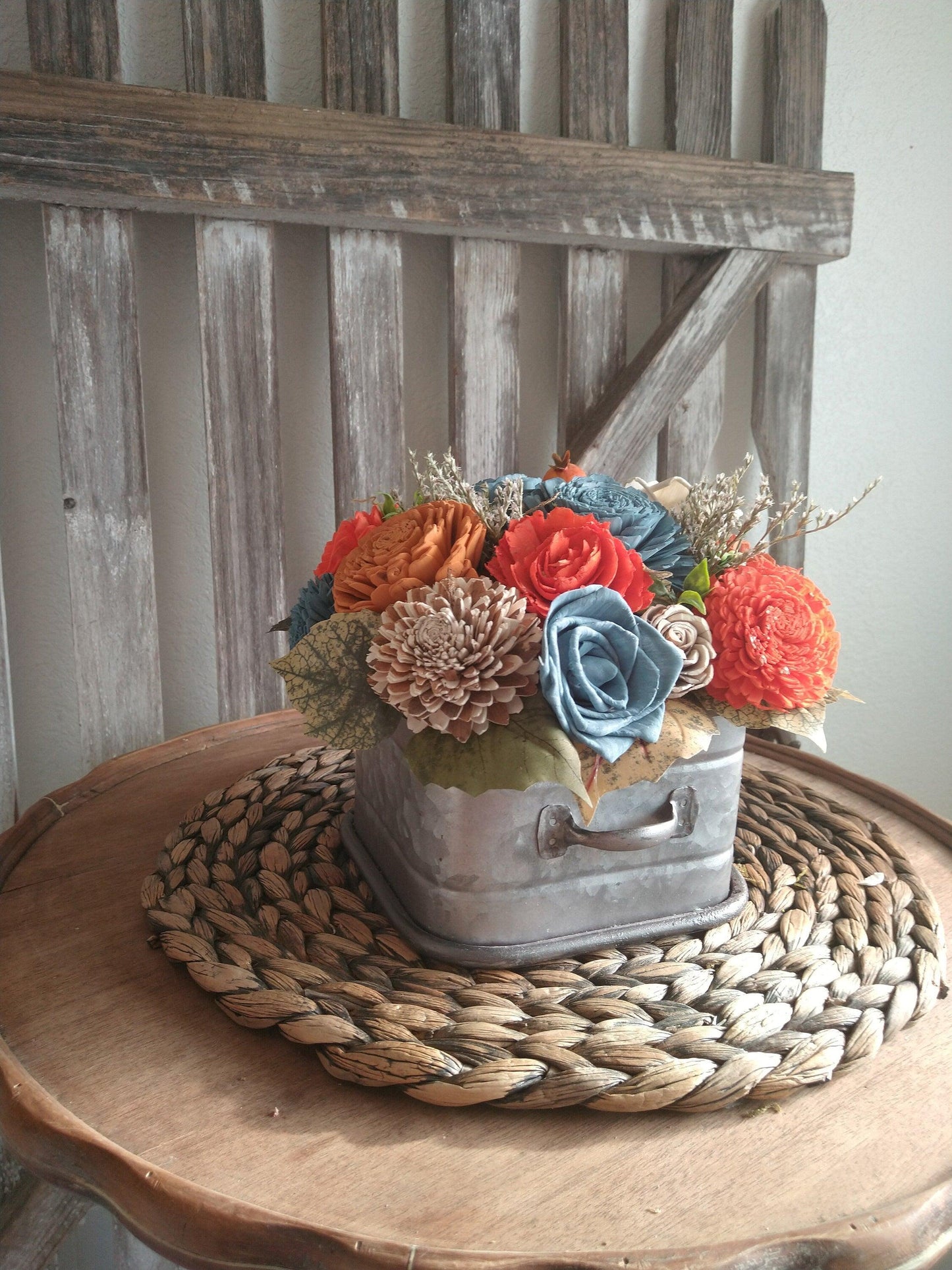 Fall oranges and Blue Sola Wood Flowers in Metal drawer