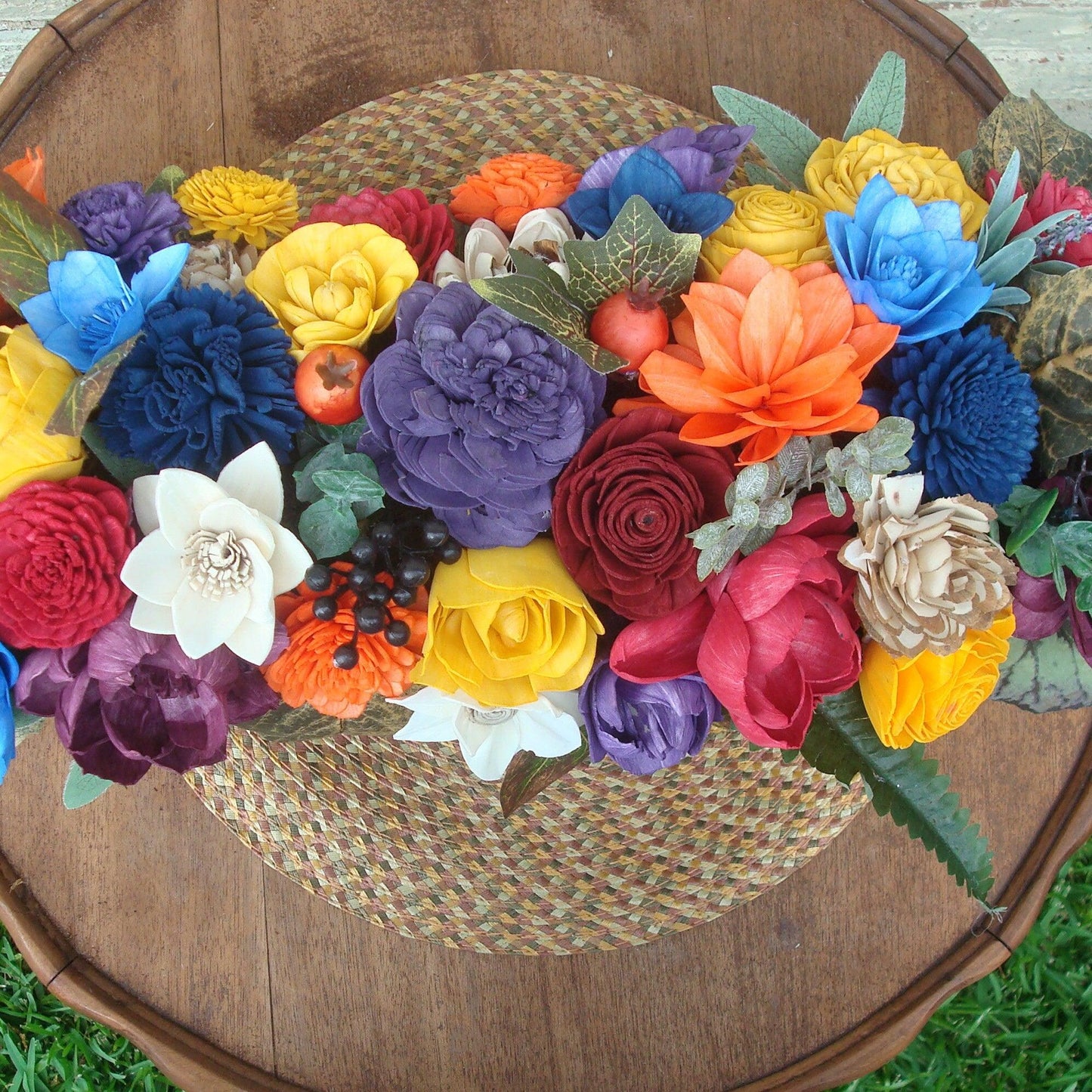 Bright Floral Fall Centerpiece, Oblong Arrangement with hand dyed wood sola flowers