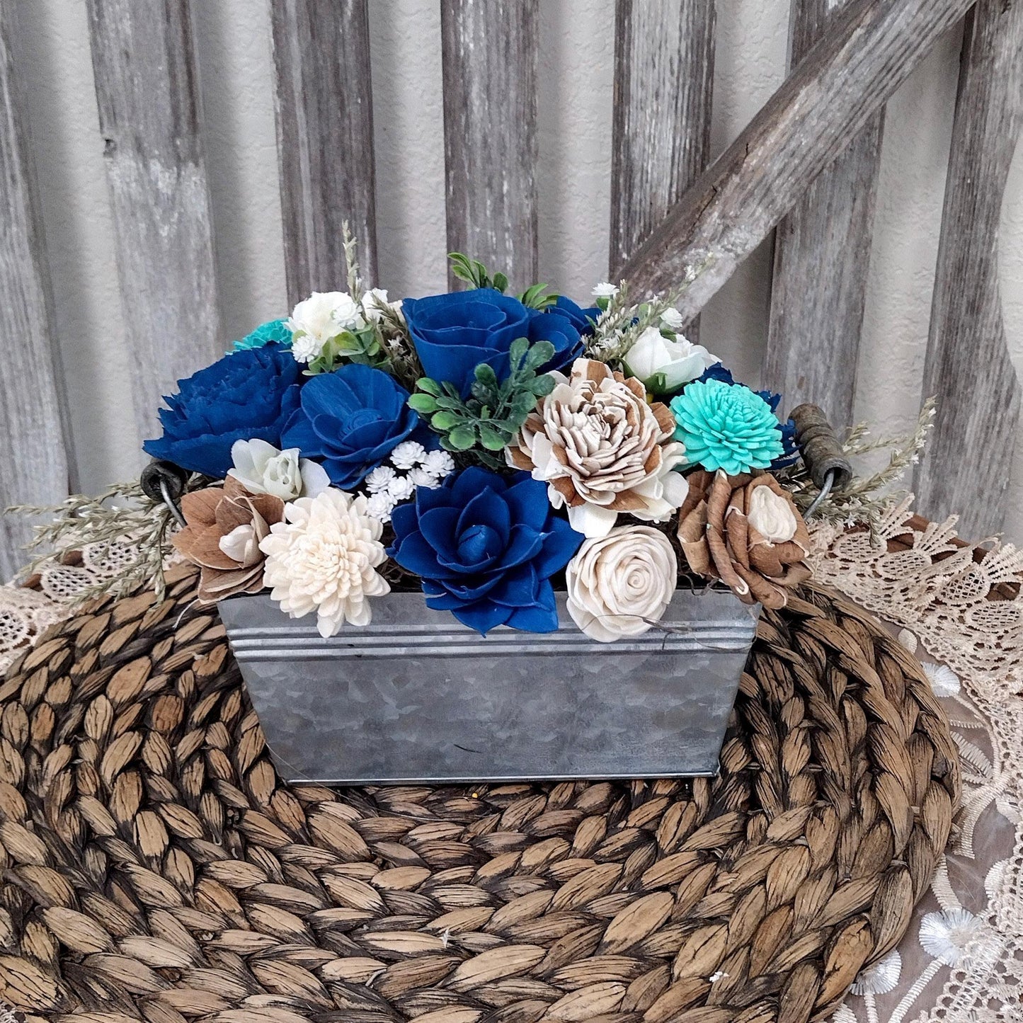 Navy teal and natural sola wood flower centerpiece, gift for her