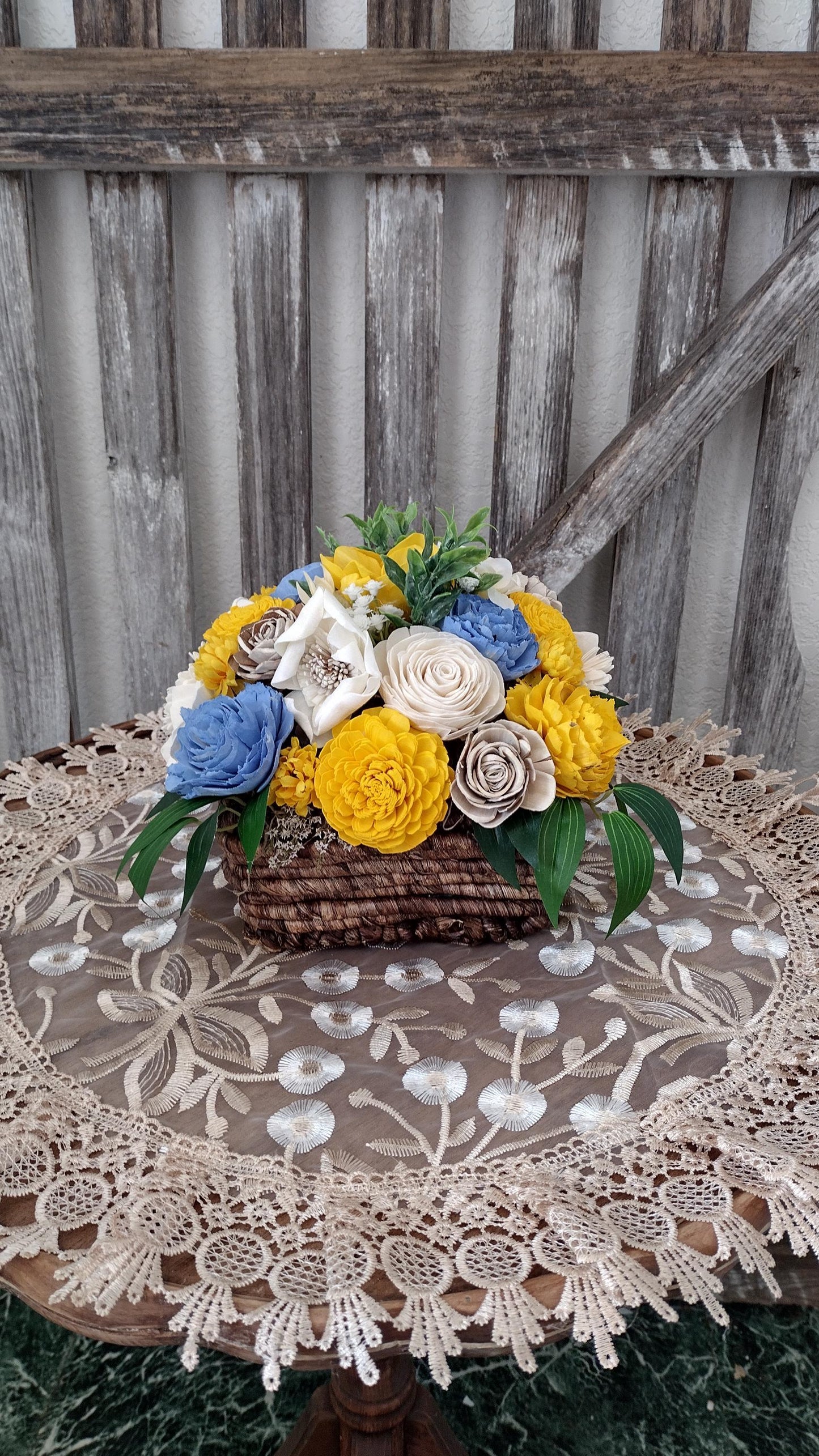 Beautiful Sola Wood flower arrangement in Yellow and Blue