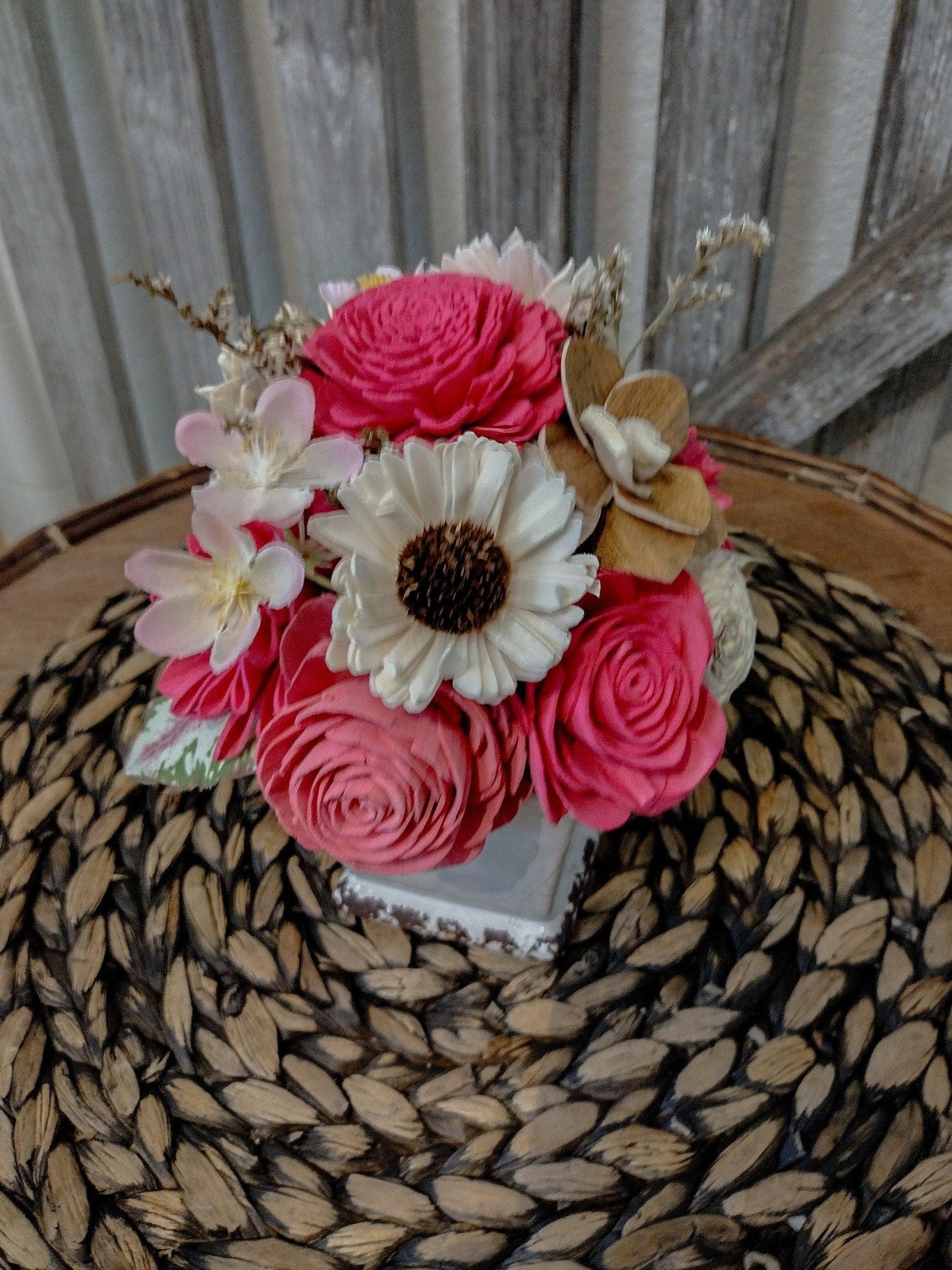 Bright  Pink and Ivory Farmhouse Centerpiece - Keepsake Sola Flower Arrangement