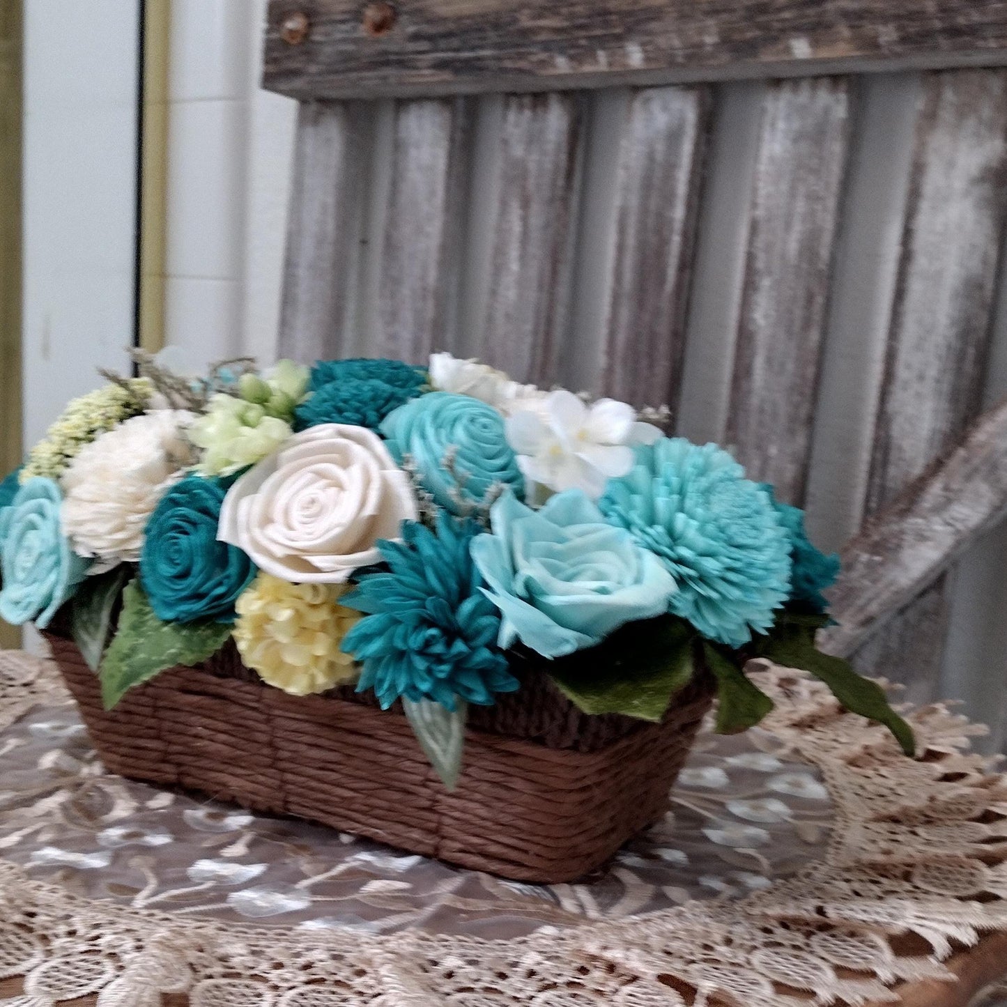 Beautiful Teal and Cream flowers in a full and lush arrangement in a beautiful basket, Sola Wood Flowers, Farmhouse Decor