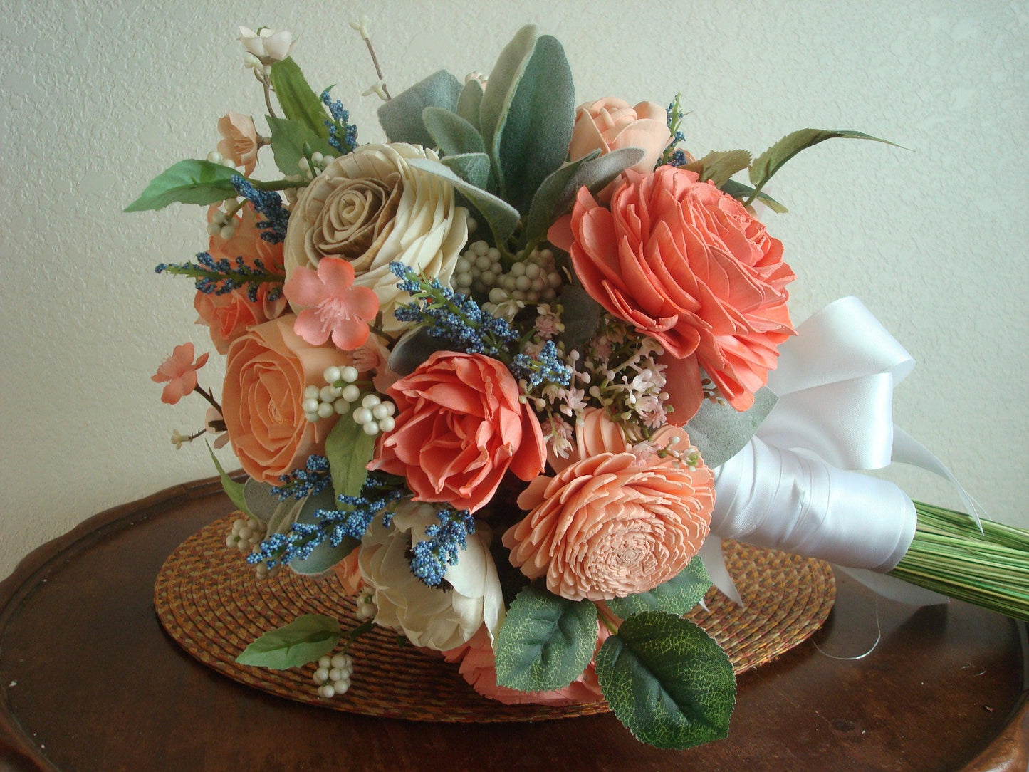 Wooden Flower Bouquet, Blue and Peach, Boho Wedding, Keepsake Bridal Bouquet